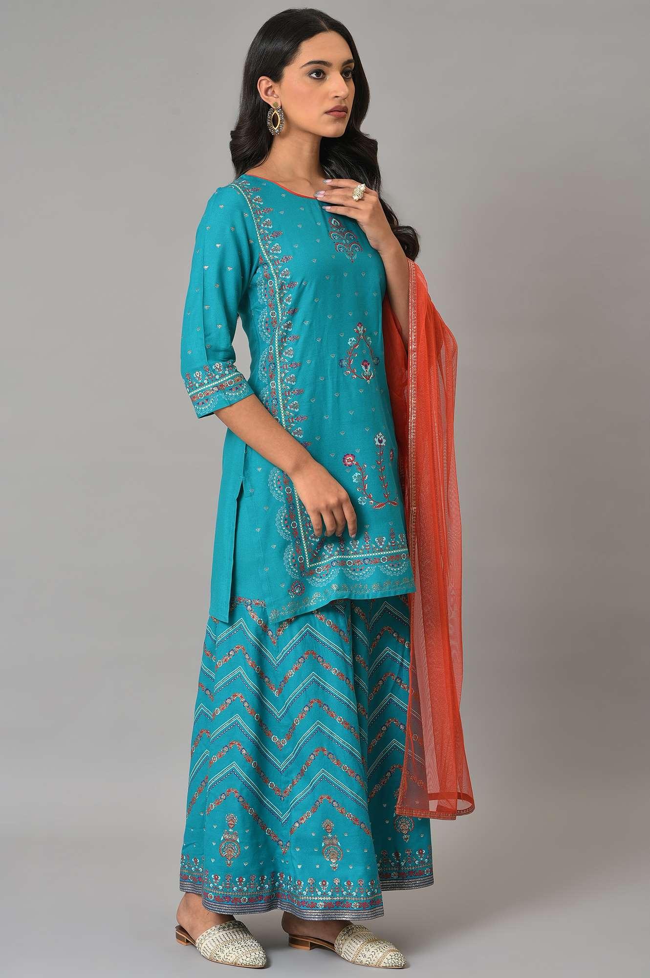 Teal Blue Festive kurta With Sharara And Orange Mesh Dupatta - Image 4