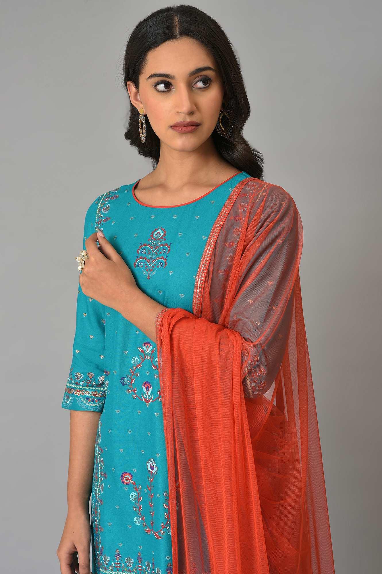 Teal Blue Festive kurta With Sharara And Orange Mesh Dupatta - Image 5