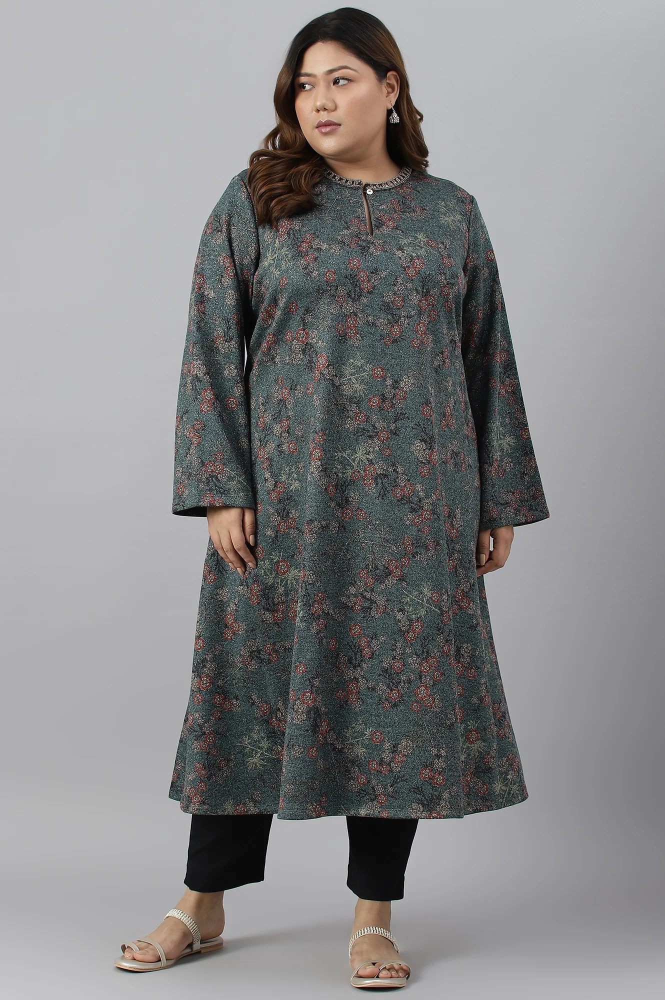 Teal Blue Flared Plus Size Winter kurta - Image 6