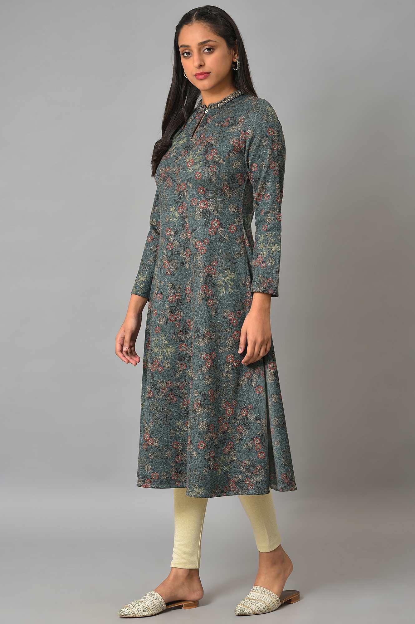 Teal Blue Flared Winter kurta - Image 3