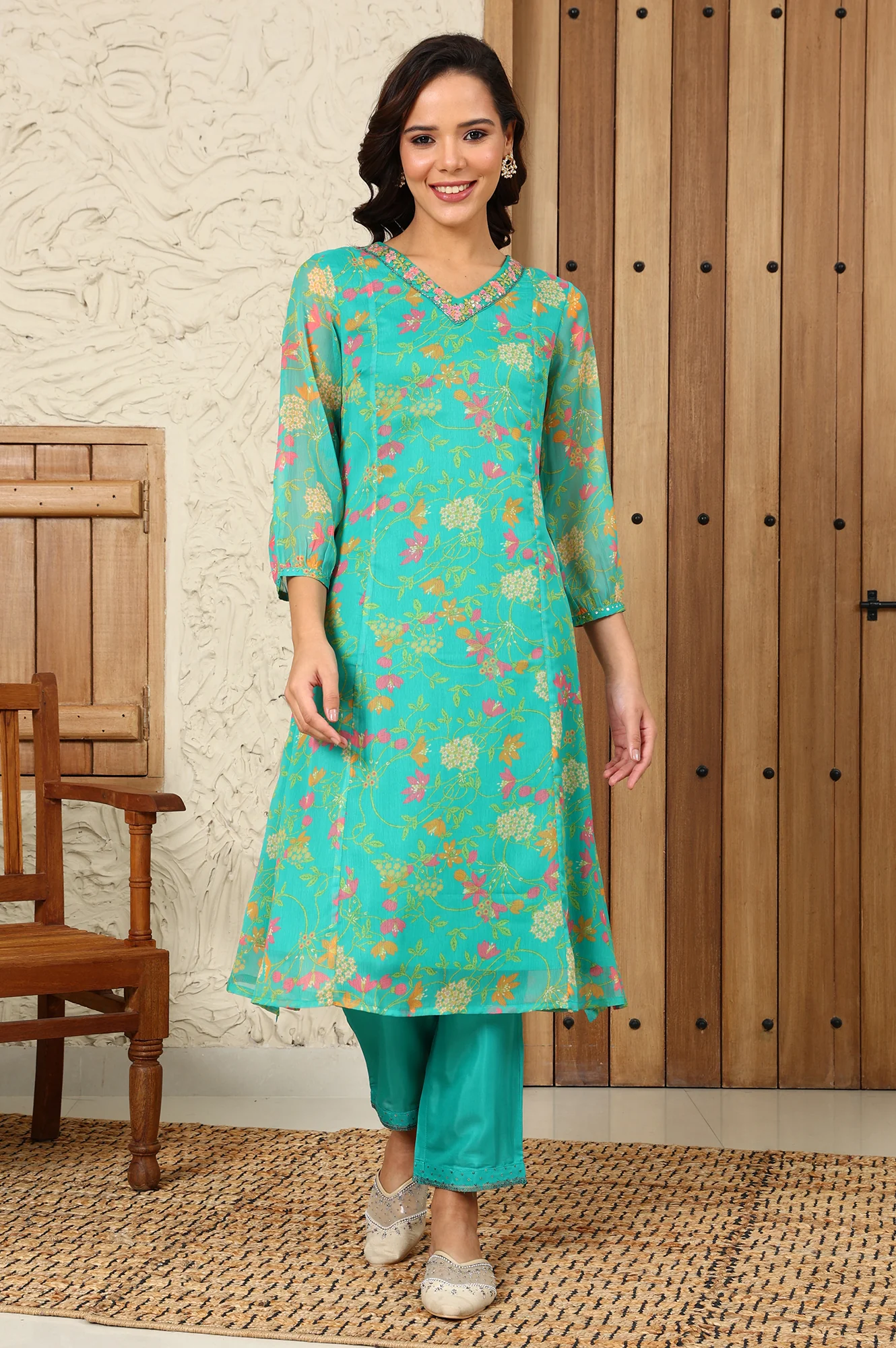 Teal Blue Floral Printed Embroidered Neckline Chiffon A-Line Kurta - Image 2