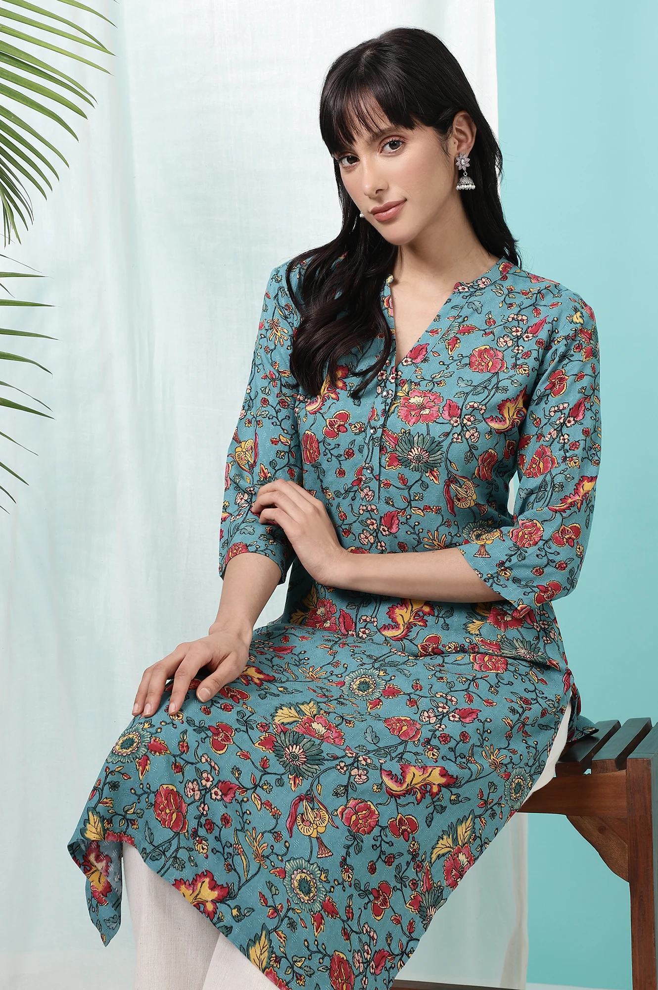 Teal Blue Floral Printed Straight Kurta - Image 2