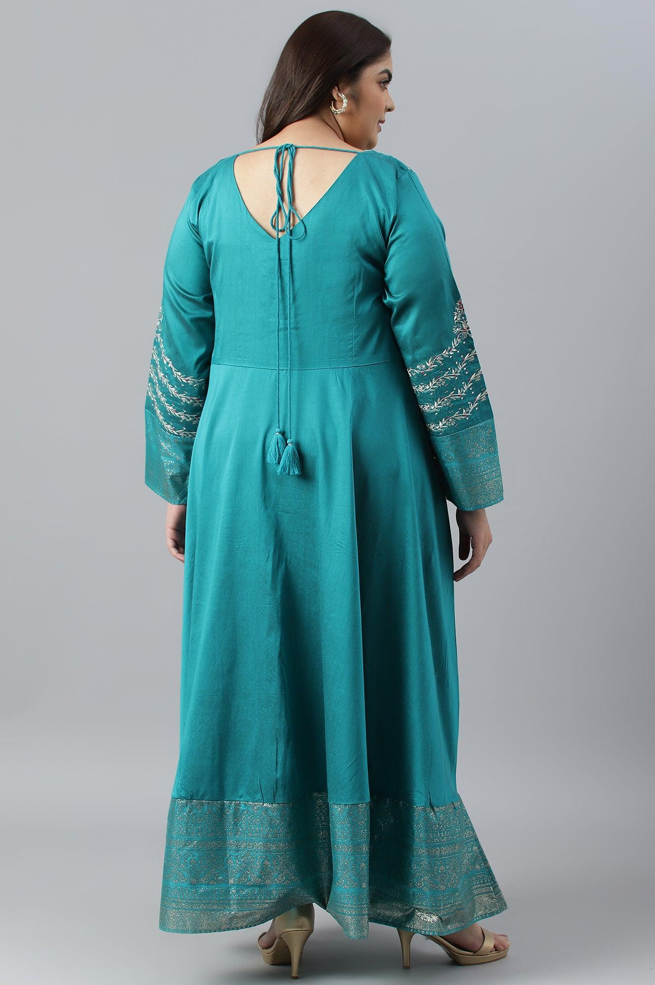 Teal Blue Glitter Printed And Embroidered Plus Size Dress - Image 2