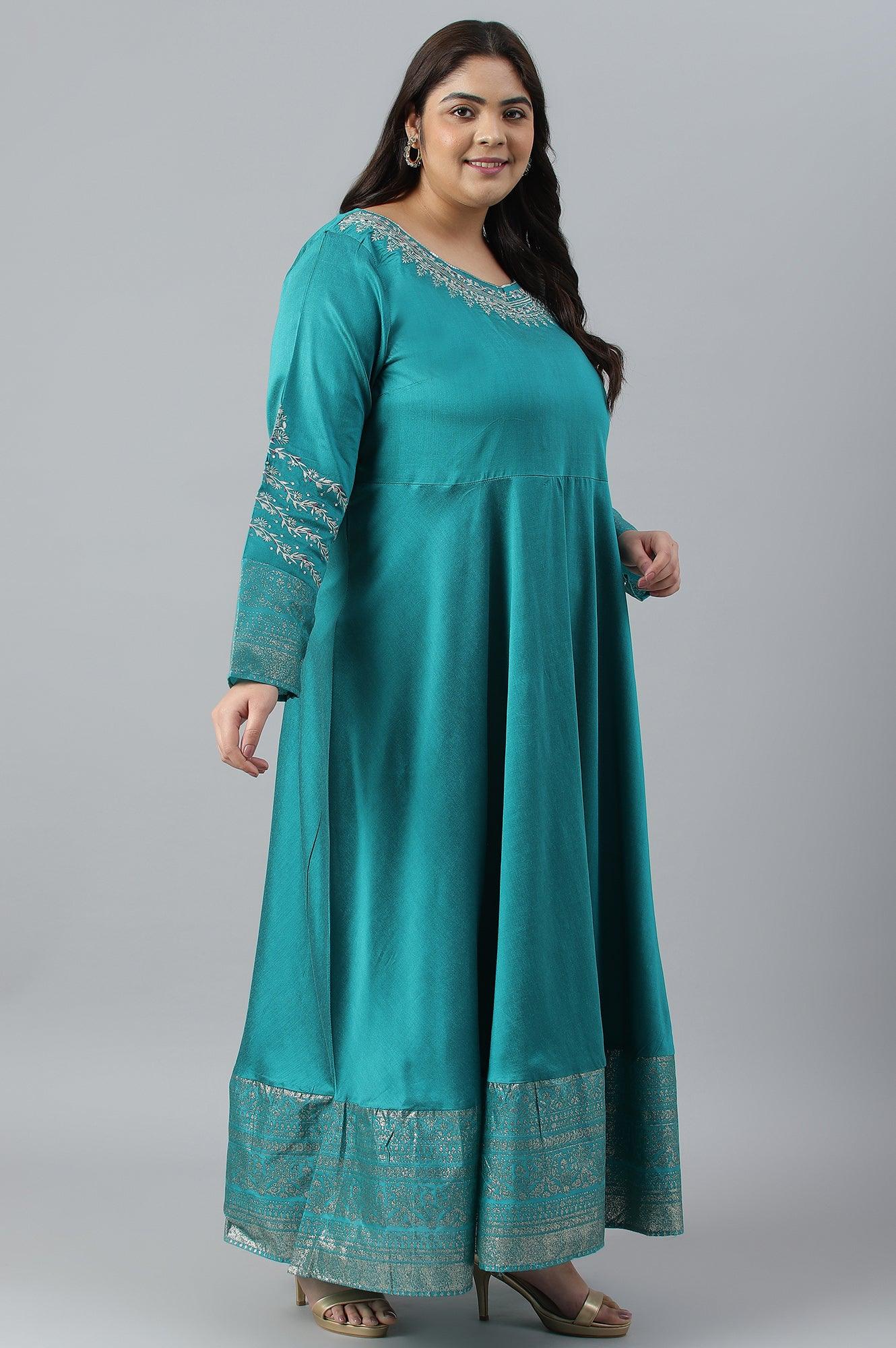 Teal Blue Glitter Printed And Embroidered Plus Size Dress - Image 4