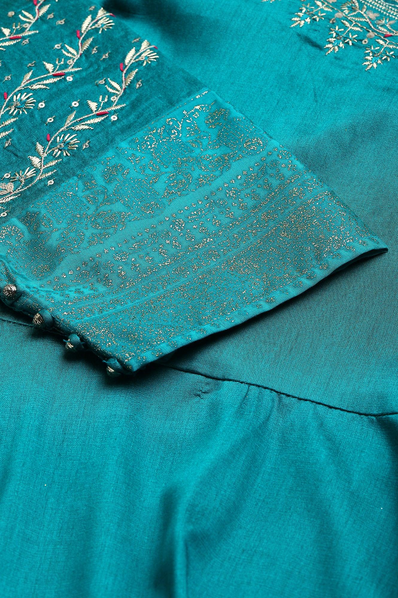 Teal Blue Glitter Printed And Embroidered Plus Size Dress - Image 8