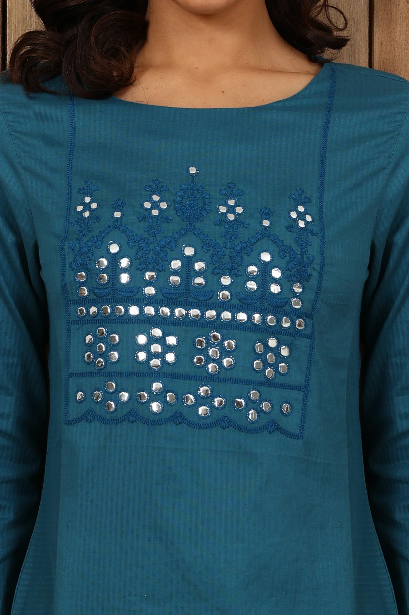 Teal Blue Mirror Work Pure Cotton Straight Kurta - Image 3