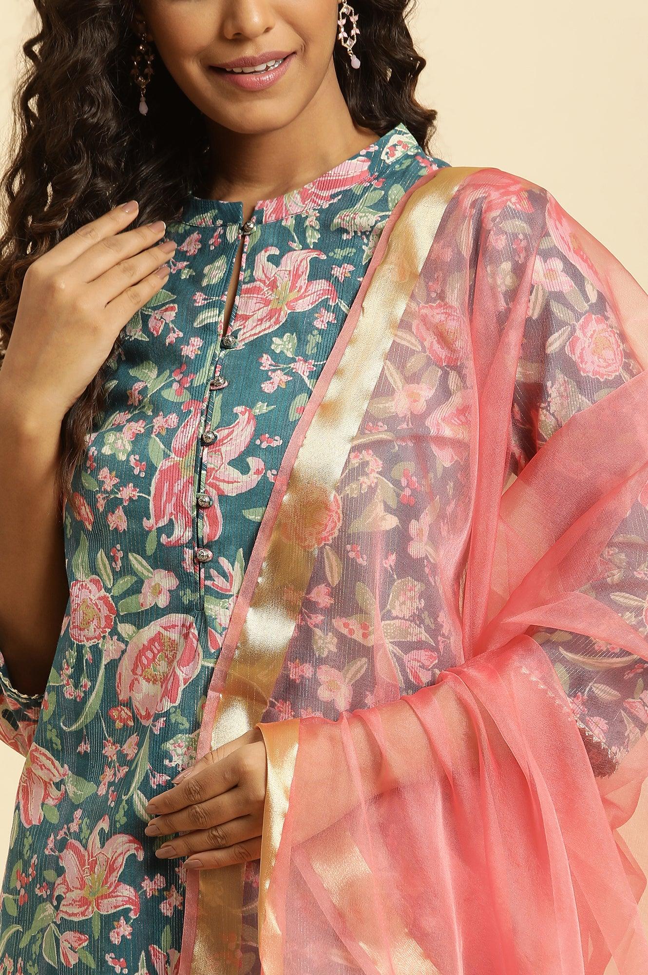 Teal Blue Printed Kurta, Bottom And Organza Dupatta Set - Image 6