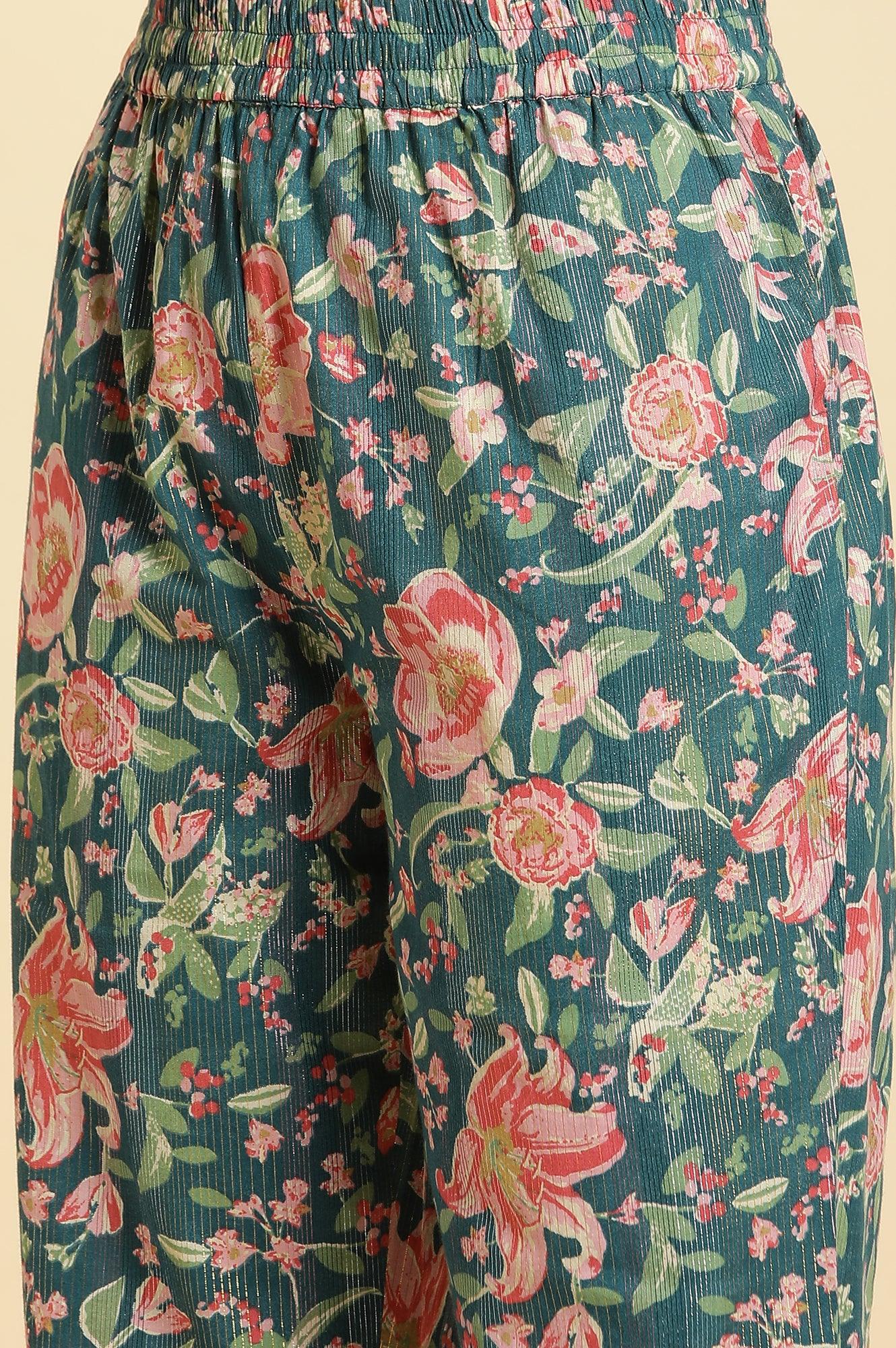 Teal Blue Printed Kurta, Bottom And Organza Dupatta Set - Image 8