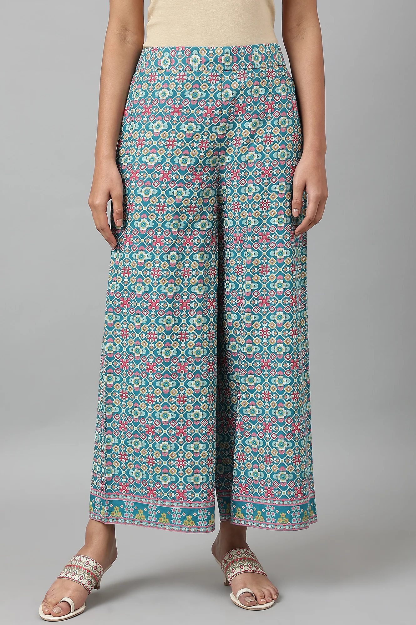 Teal Blue Rayon Printed Parallel Pants