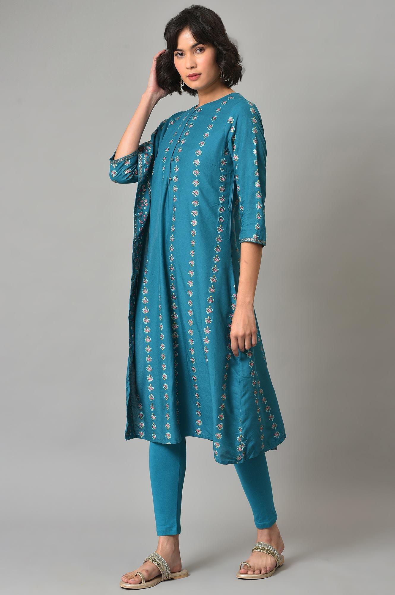 Teal Blue Saree Style kurta With Tights - Image 3