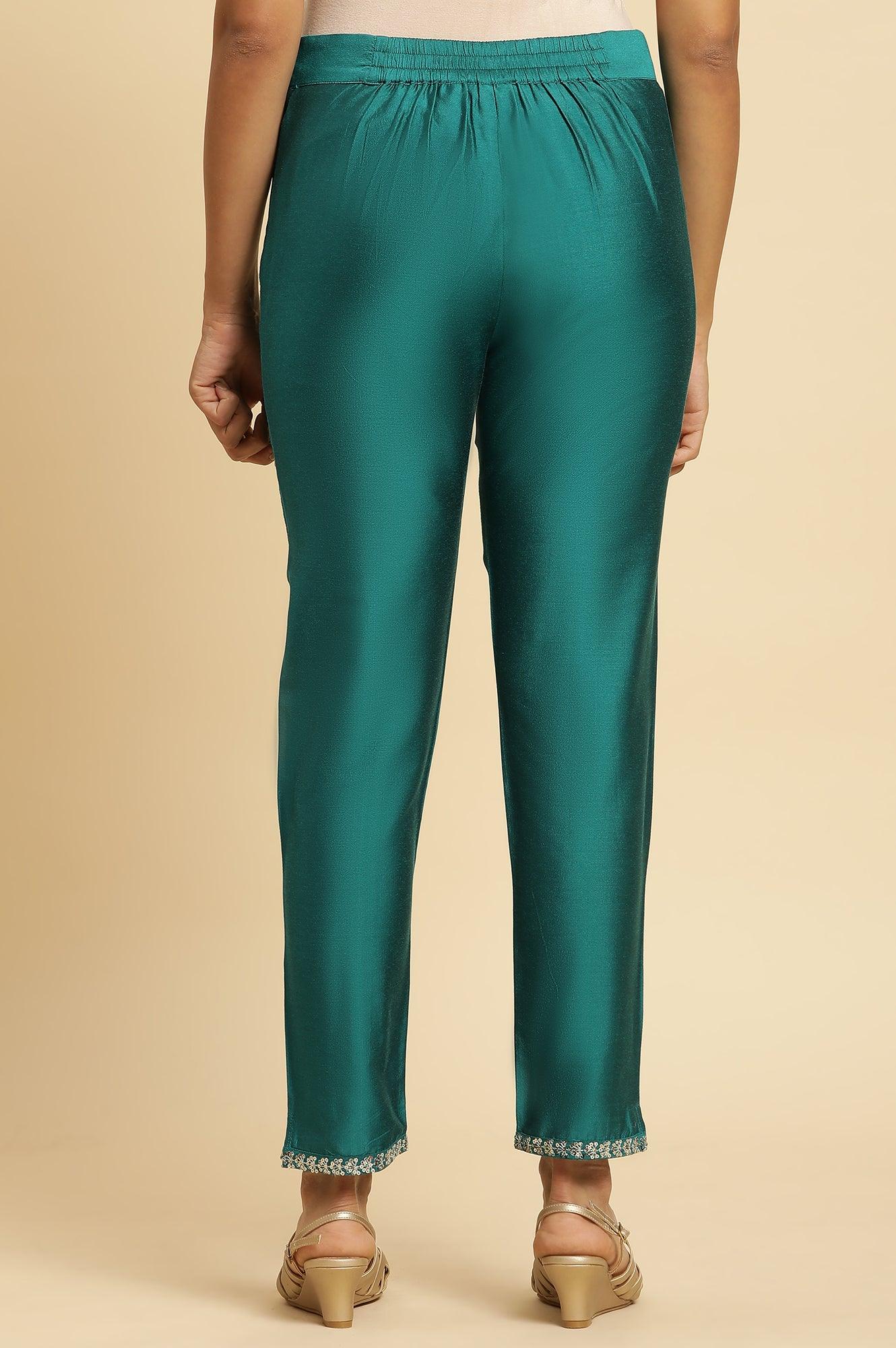Teal Blue Slim Pant With Embroidered Hemline - Image 3