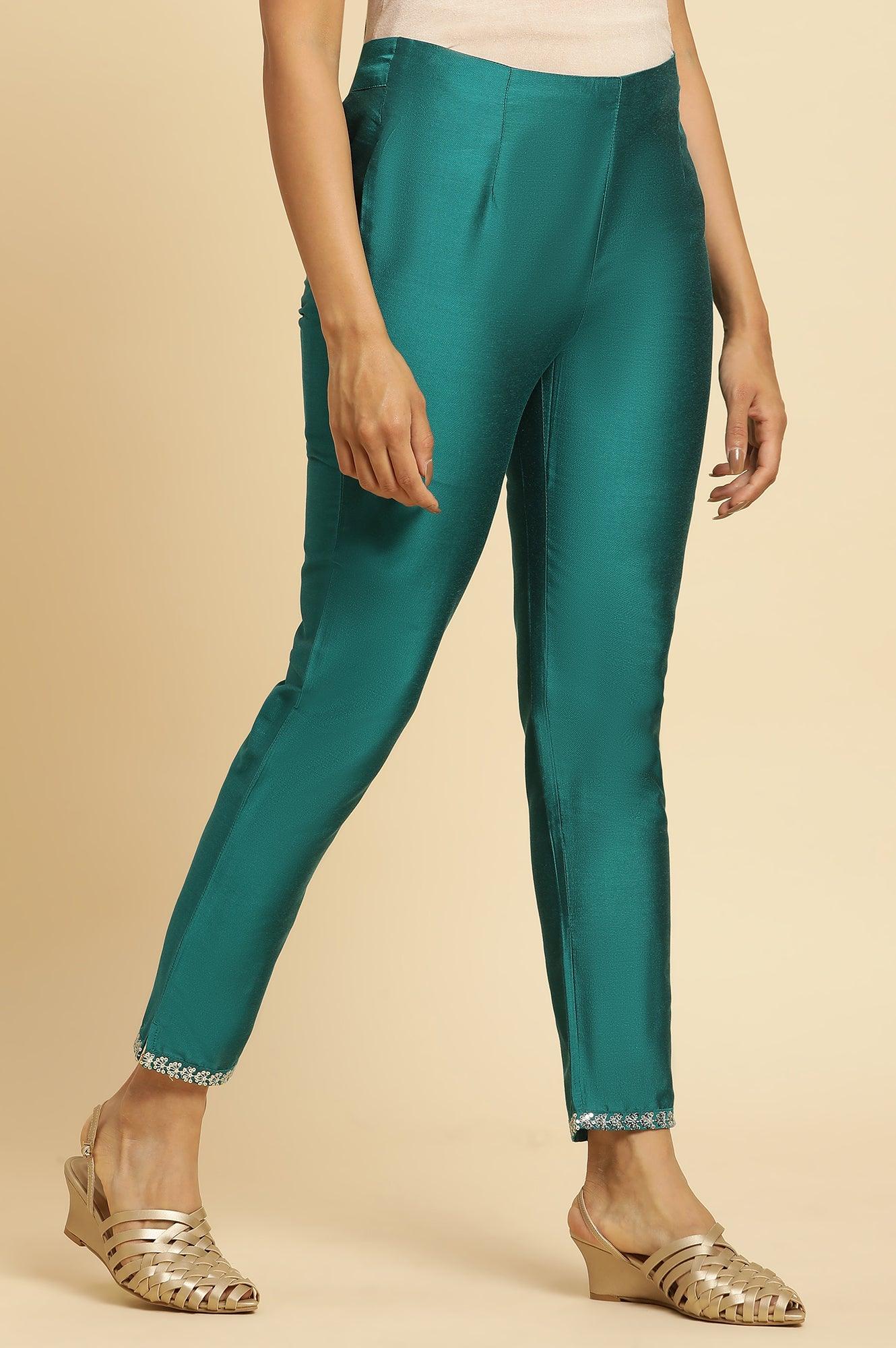 Teal Blue Slim Pant With Embroidered Hemline - Image 4