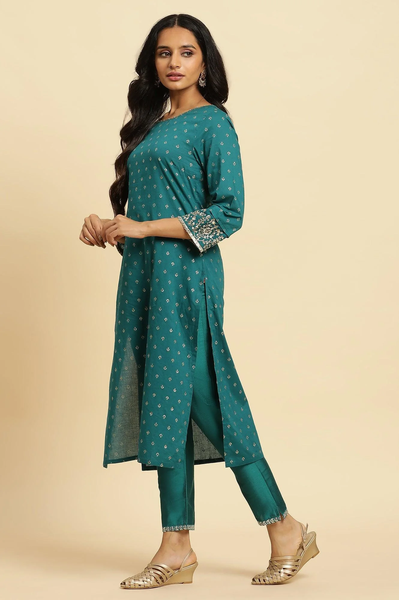 Teal Blue Slim Pant With Embroidered Hemline - Image 5