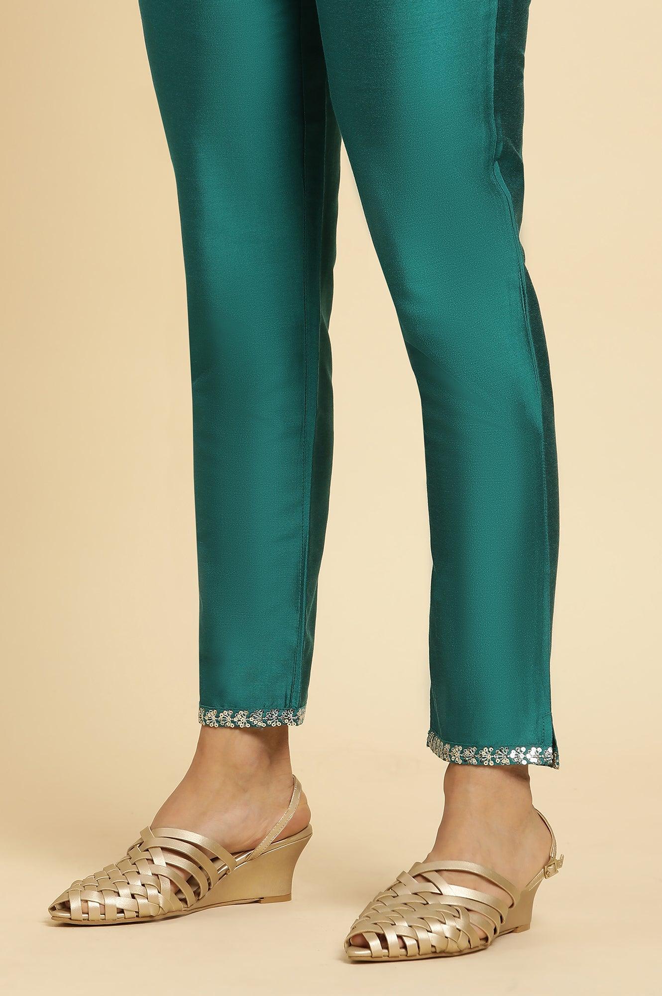 Teal Blue Slim Pant With Embroidered Hemline - Image 7