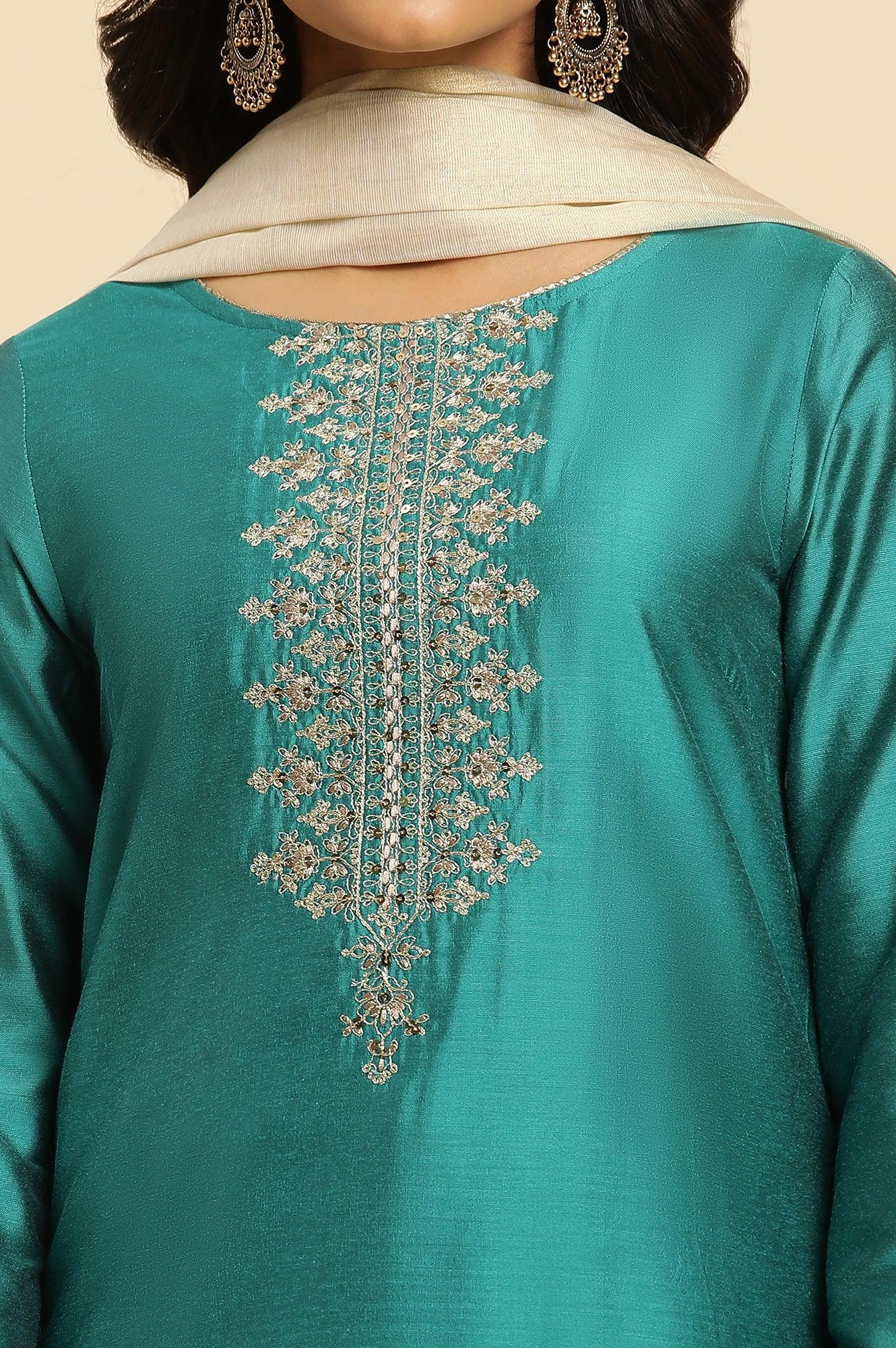 Teal Blue Zari Embroidered Straight Kurta, Pant And Dupatta Set - Image 6