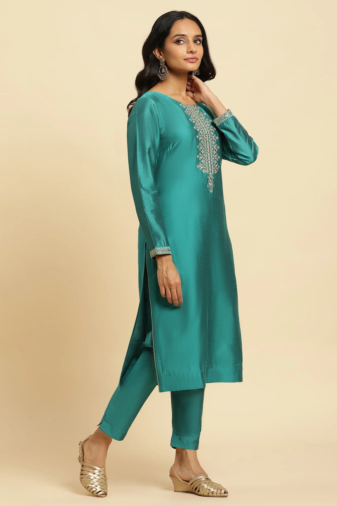 Teal Blue Zari Embroidered Straight Kurta, Pant And Dupatta Set - Image 2