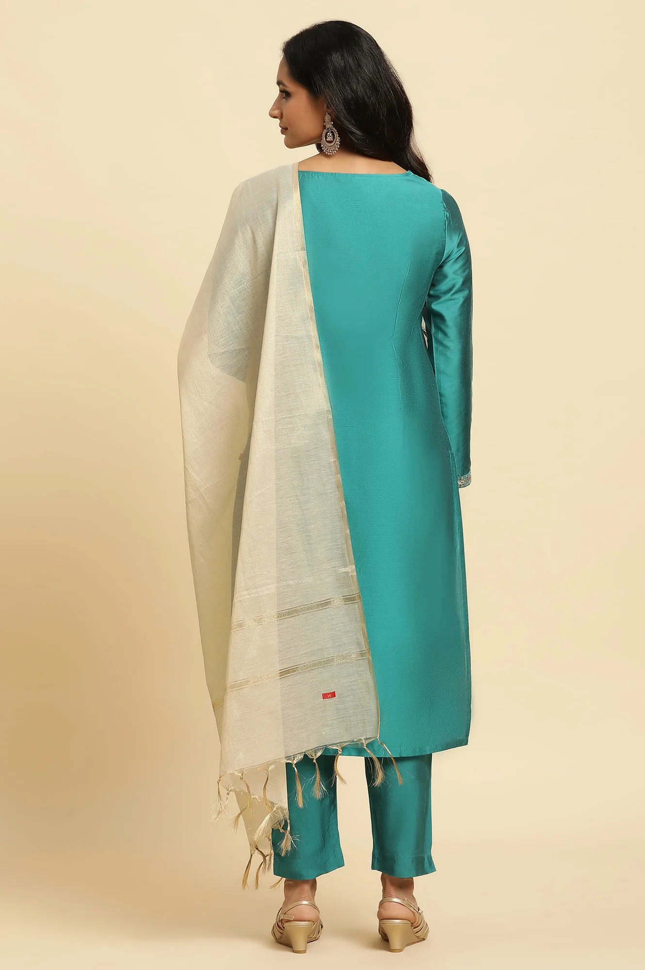 Teal Blue Zari Embroidered Straight Kurta, Pant And Dupatta Set - Image 3