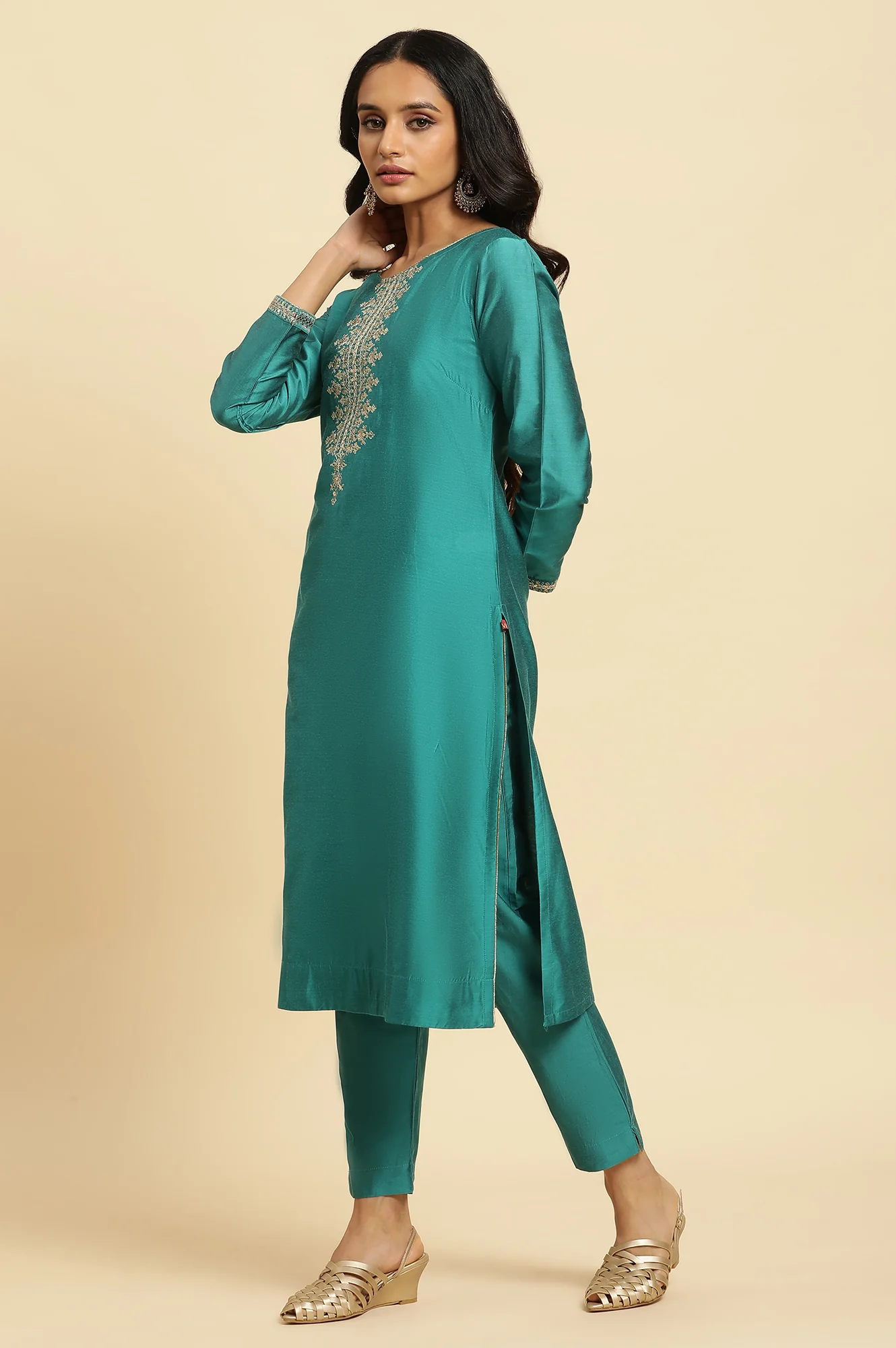 Teal Blue Zari Embroidered Straight Kurta, Pant And Dupatta Set - Image 4