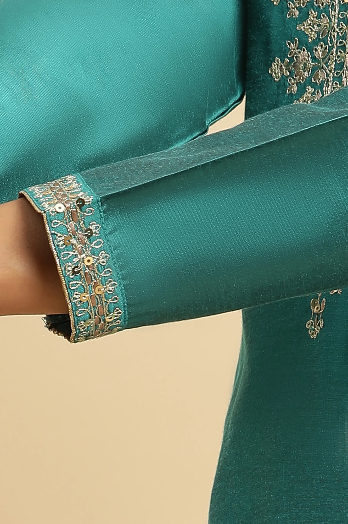 Teal Blue Zari Embroidered Straight Kurta, Pant And Dupatta Set - Image 6