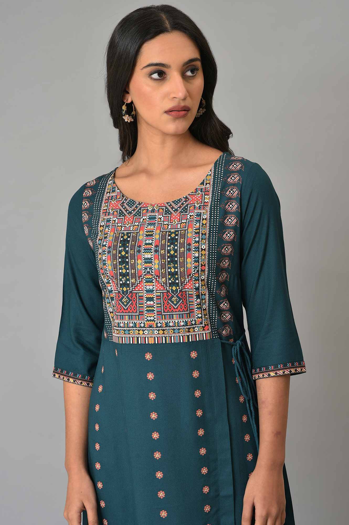 Teal Coins A-line Kurta and Slim Pant Set - Image 2