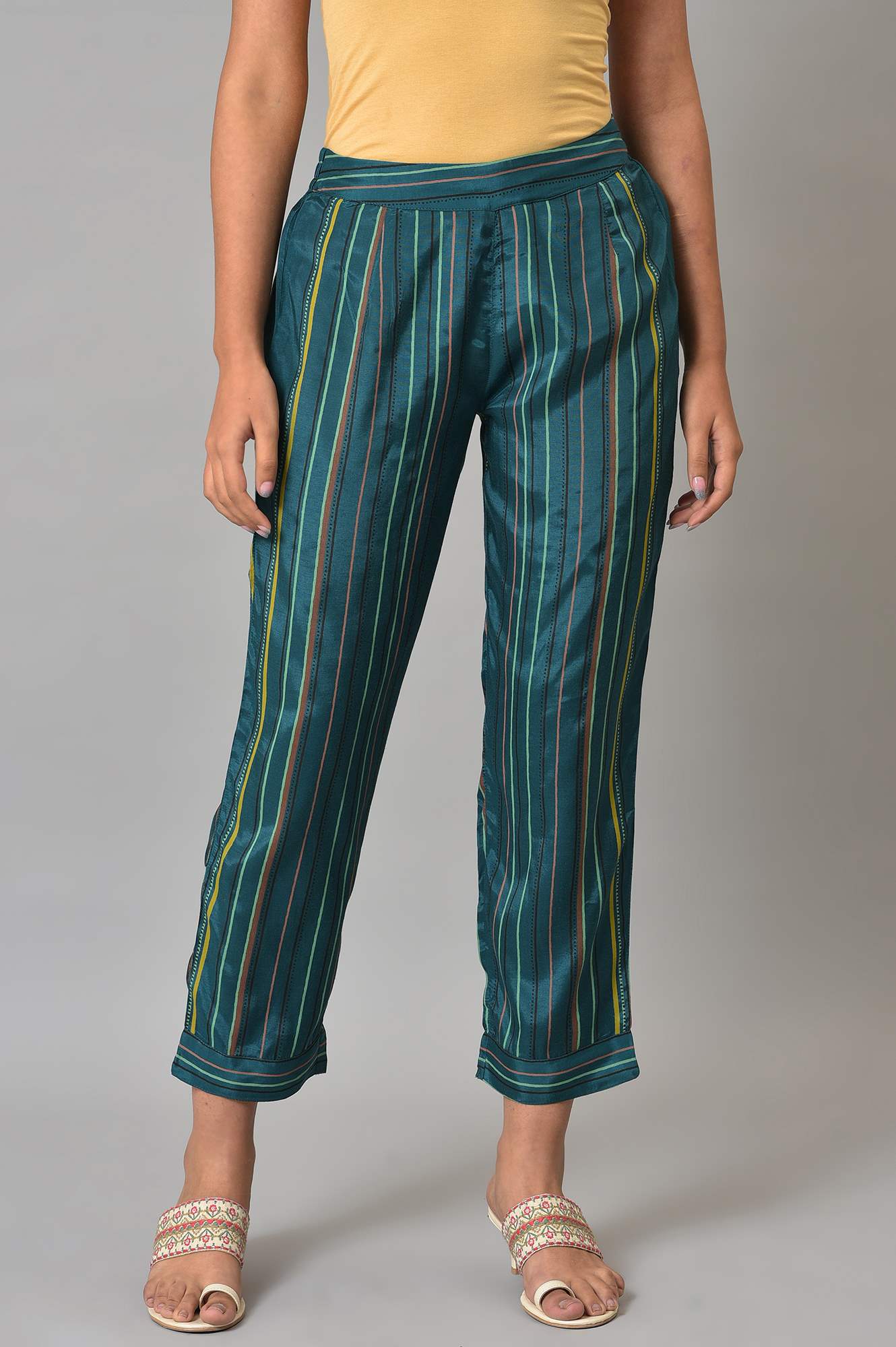 Teal Coins A-line Kurta and Slim Pant Set - Image 3