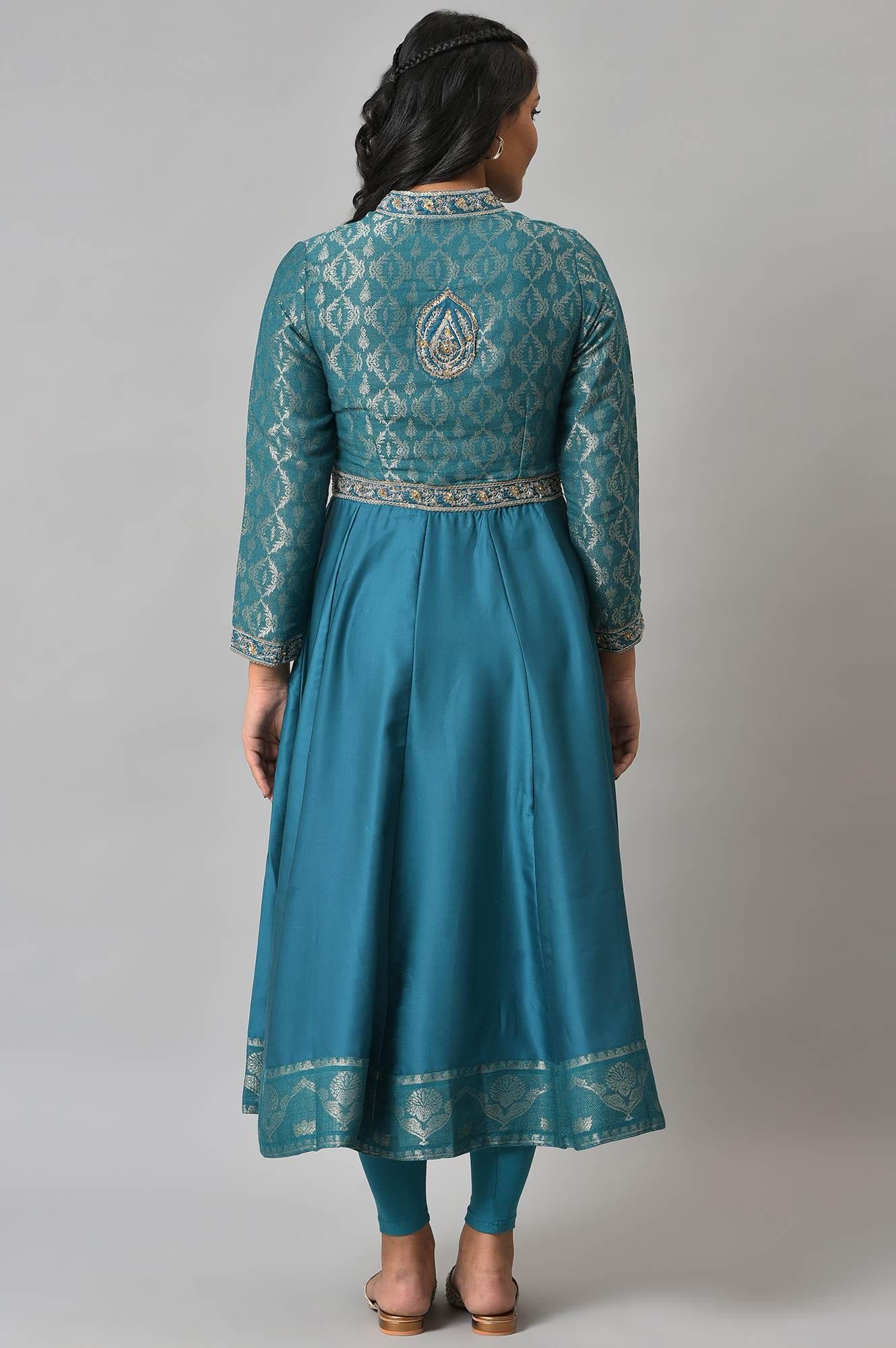 Teal Embroidered Anarkali Mughal Gown With Tights - Image 3