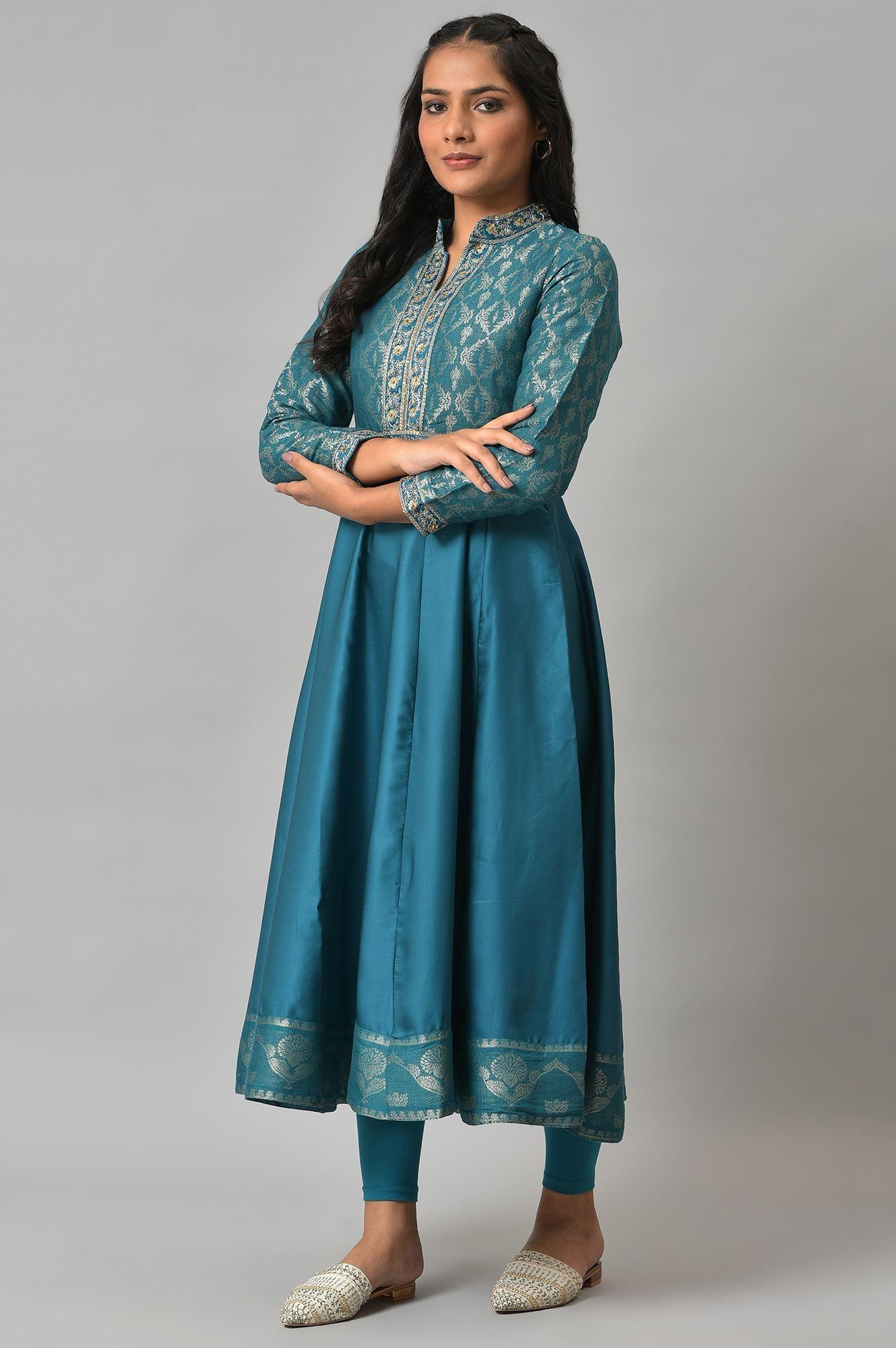 Teal Embroidered Anarkali Mughal Gown With Tights - Image 4