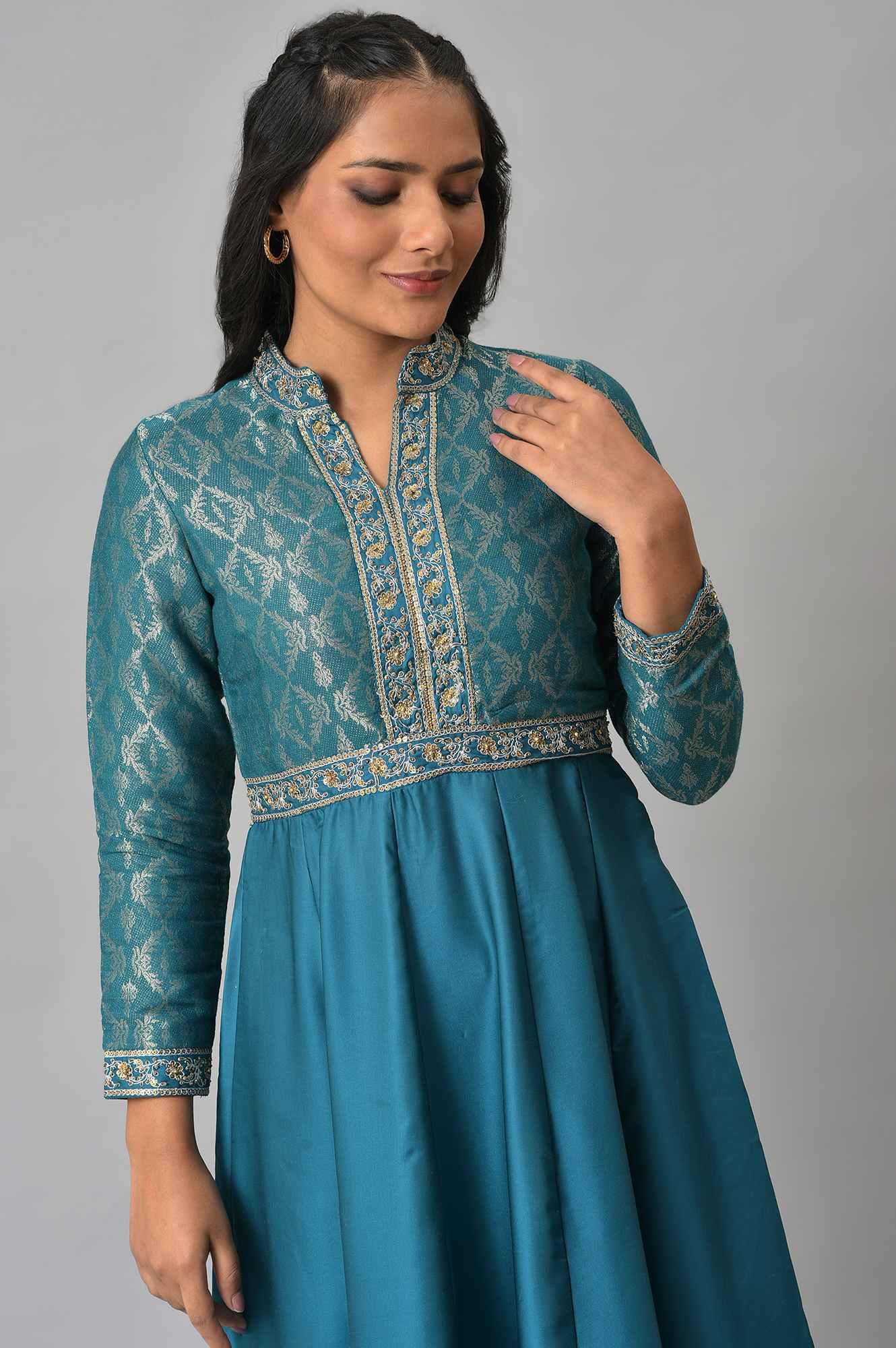 Teal Embroidered Anarkali Mughal Gown With Tights - Image 6