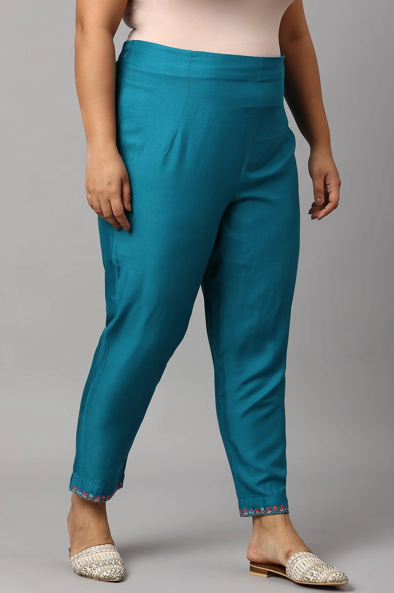 Teal Embroidered Plus Size Slim Pants - Image 4