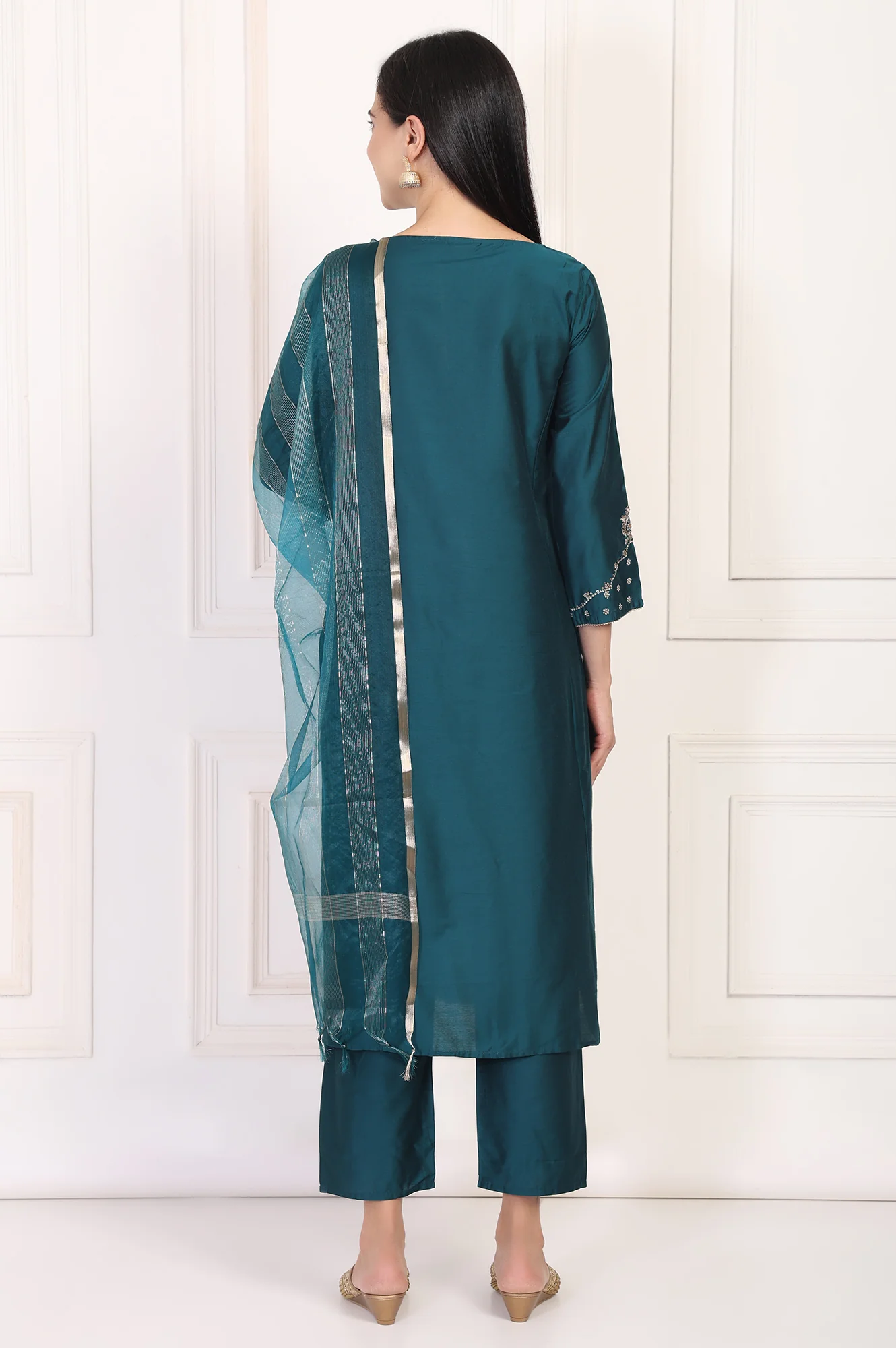 Teal Embroidered Straight Kurta with Straight Pants and Dupatta Set - Image 5