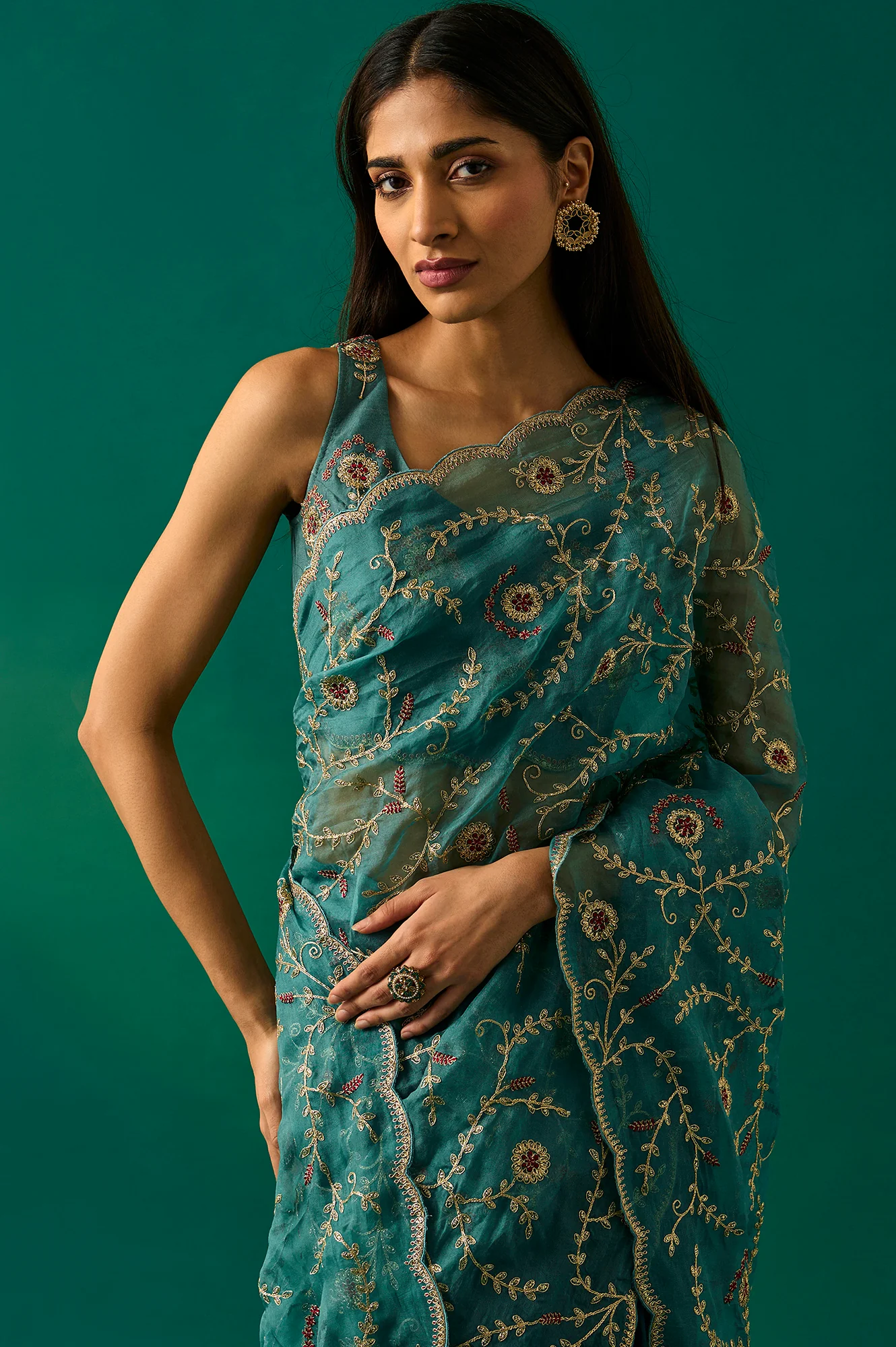 Teal Floral Embroidered Zari Work Tissue Satin Saree with Unstitched Blouse - Image 2
