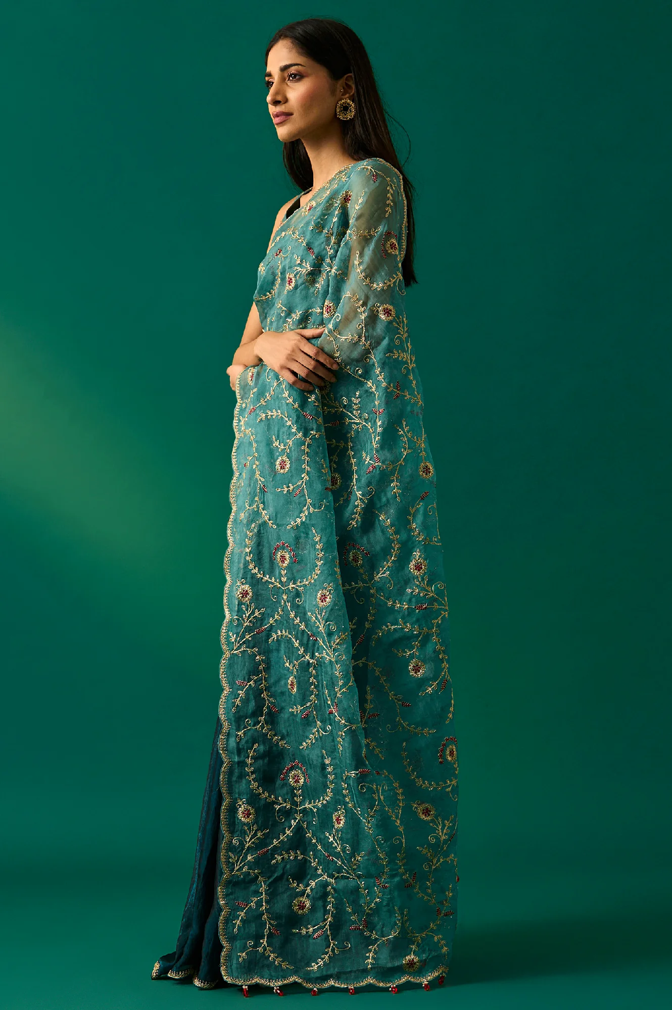 Teal Floral Embroidered Zari Work Tissue Satin Saree with Unstitched Blouse - Image 3