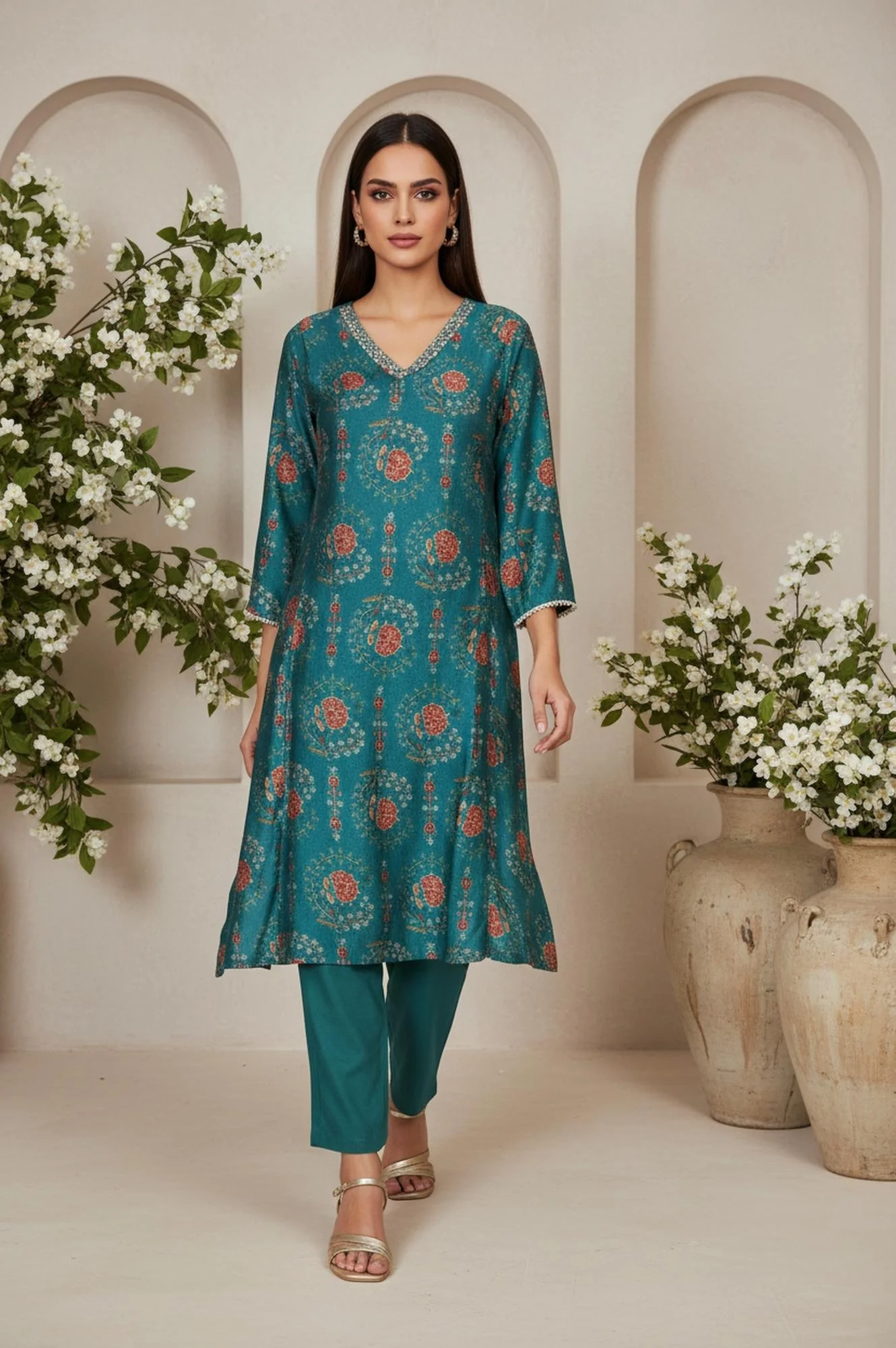 Teal Floral Printed Embellished A-Line Art Silk Kurta with Straight Pant Set - Image 2