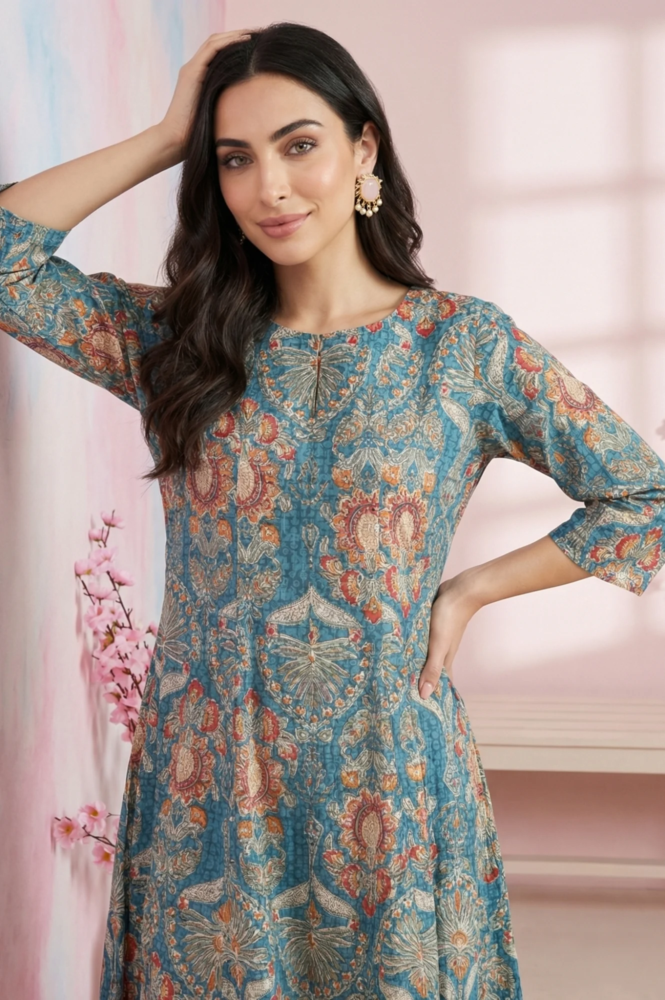 Teal Floral Printed Pure Cotton A-line Kurta - Image 2