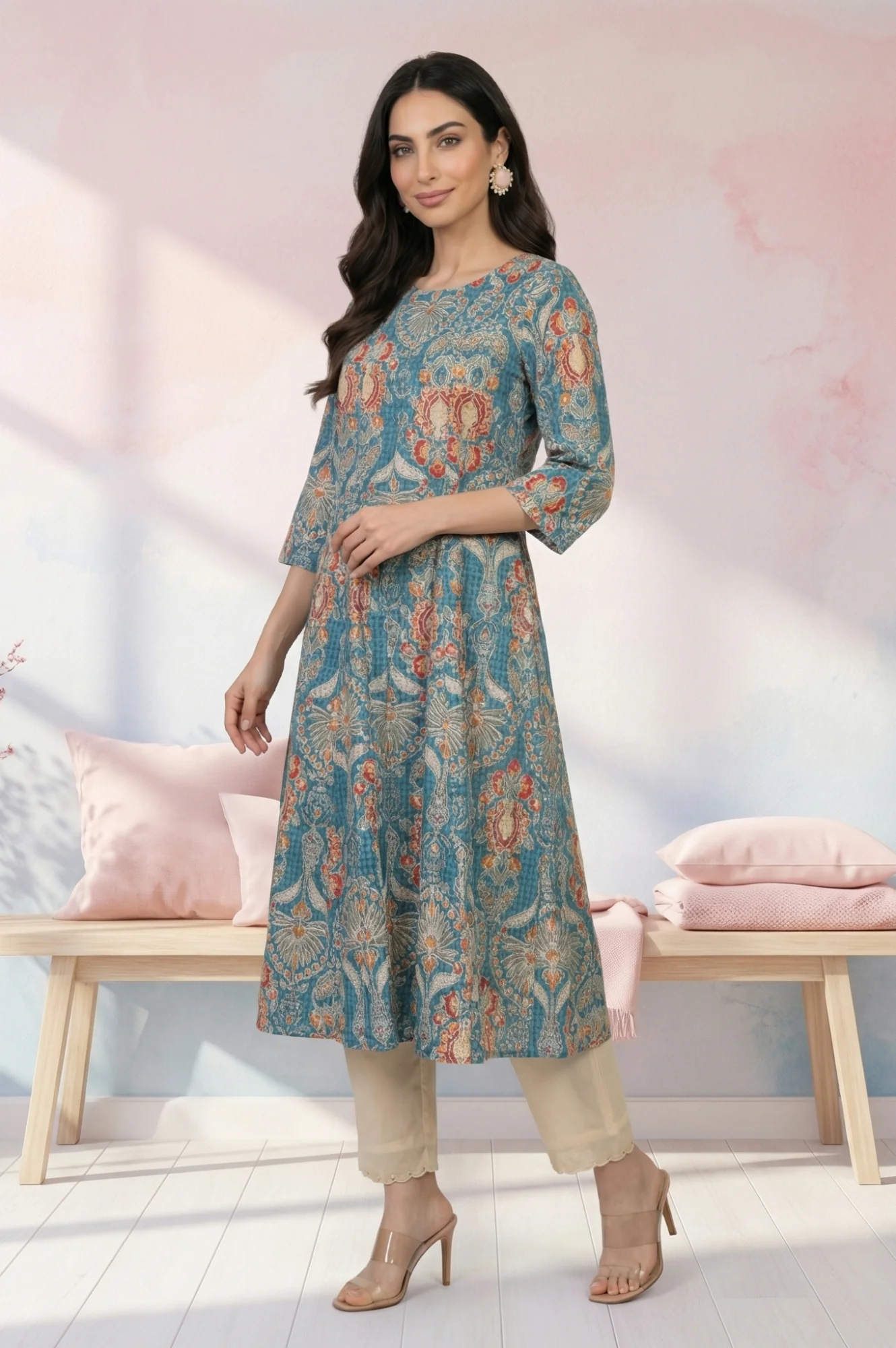 Teal Floral Printed Pure Cotton A-line Kurta - Image 3