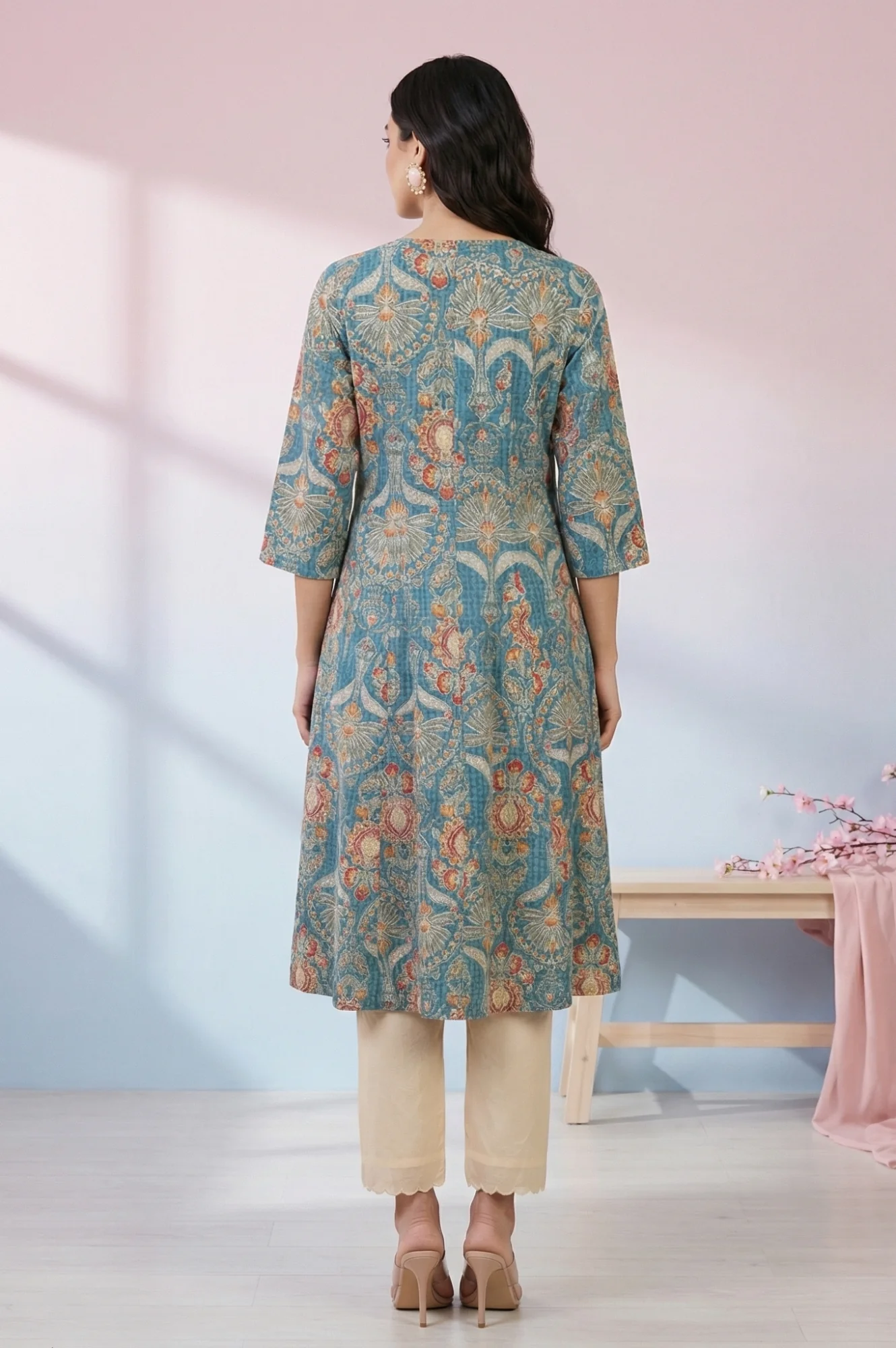 Teal Floral Printed Pure Cotton A-line Kurta - Image 4