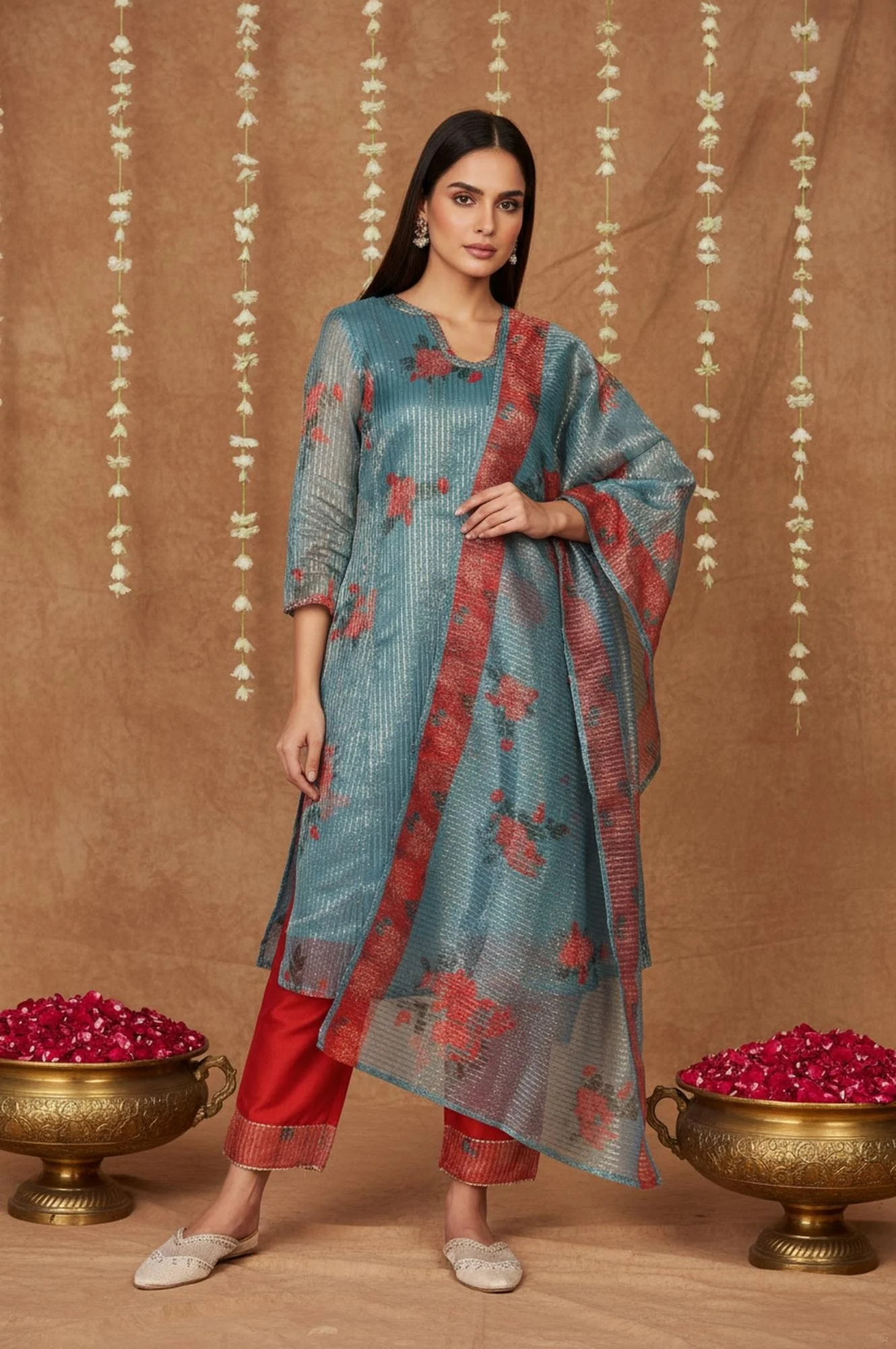 Teal Floral Printed Embroidered Neck Straight Lurex Kurta with Straight Pant and Dupatta Set - Image 2