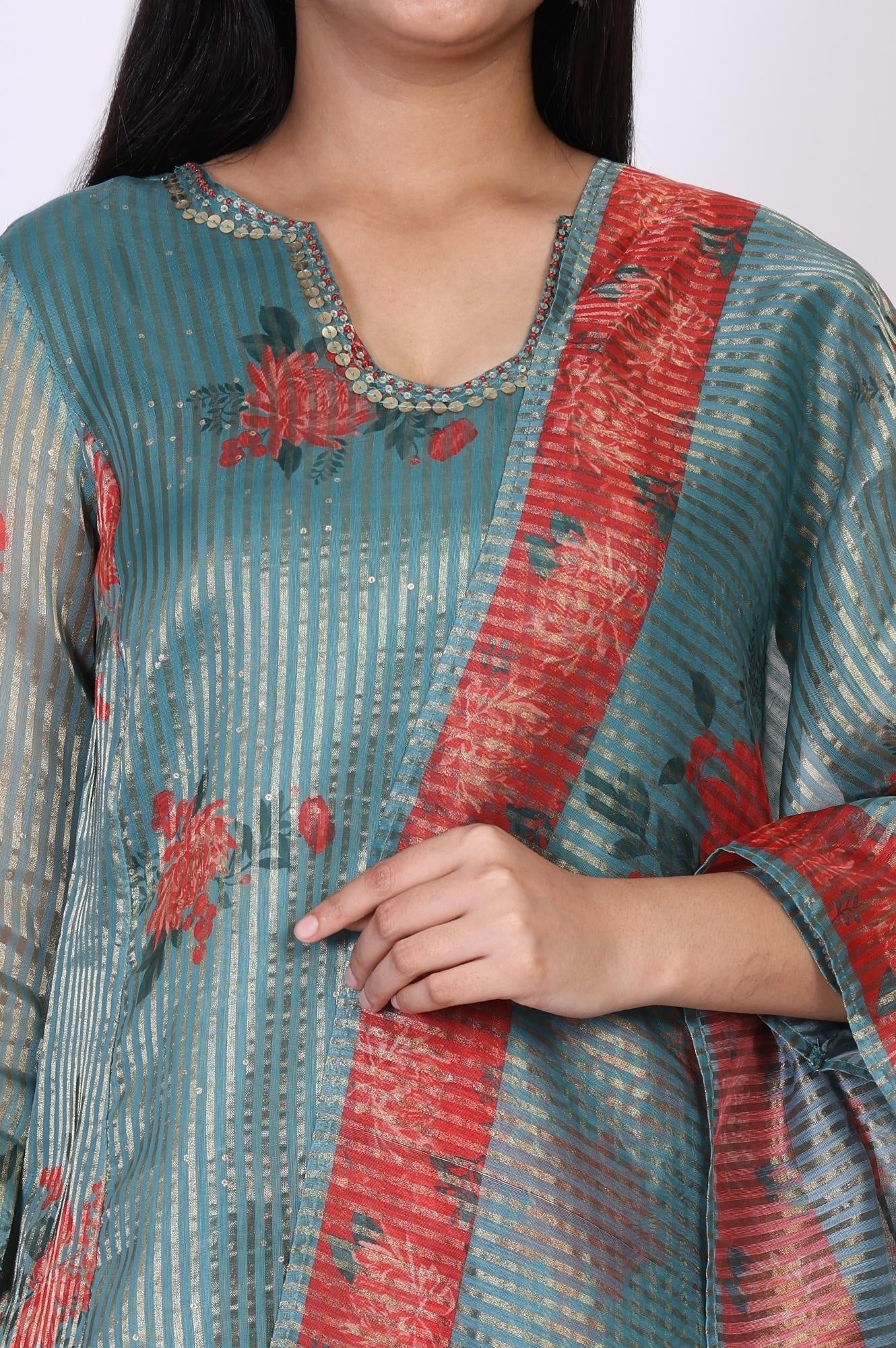 Teal Floral Printed Embroidered Neck Straight Lurex Kurta with Straight Pant and Dupatta Set - Image 3