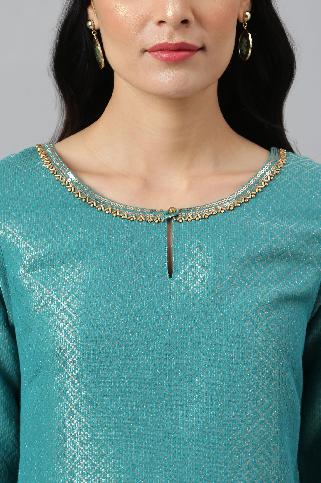 Teal Geometric Print Dobby kurta - Image 8