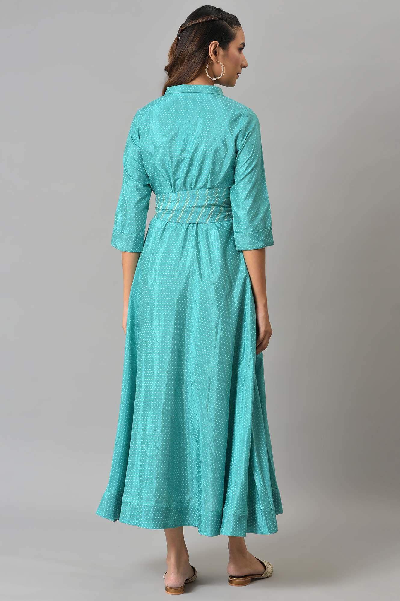 Teal Glitter Printed Shirt Dress With Embroidered Neckpiece - Image 2