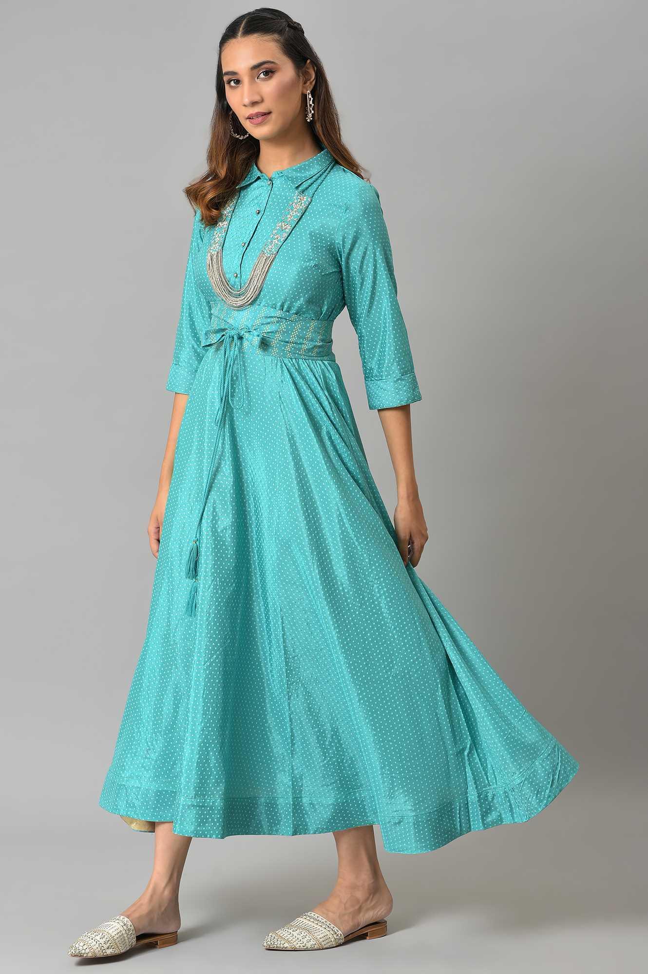 Teal Glitter Printed Shirt Dress With Embroidered Neckpiece - Image 3