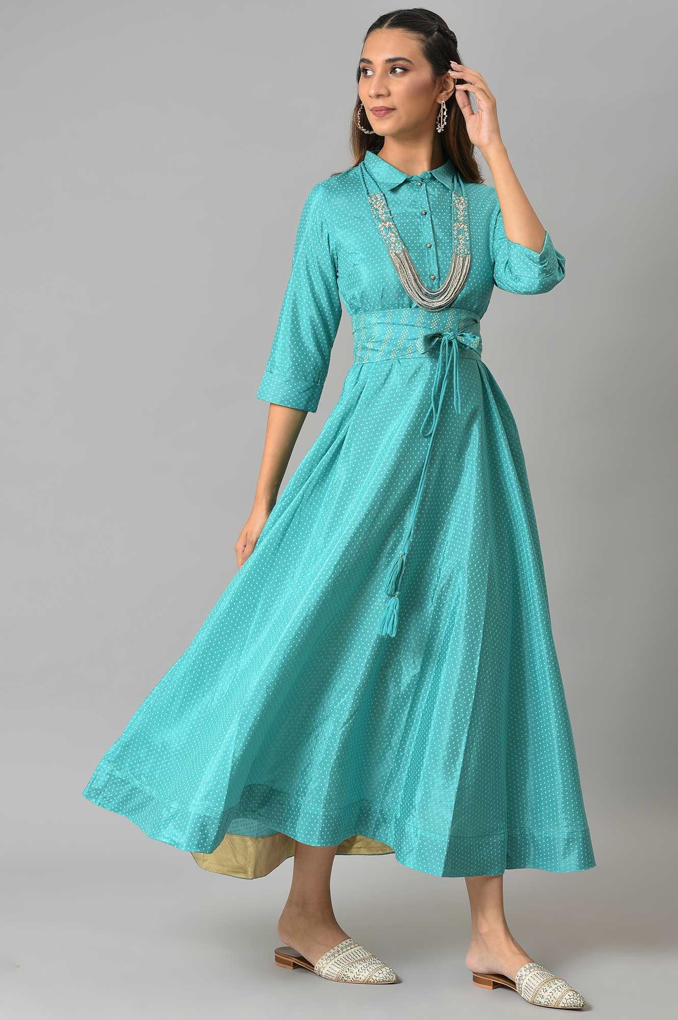 Teal Glitter Printed Shirt Dress With Embroidered Neckpiece - Image 4
