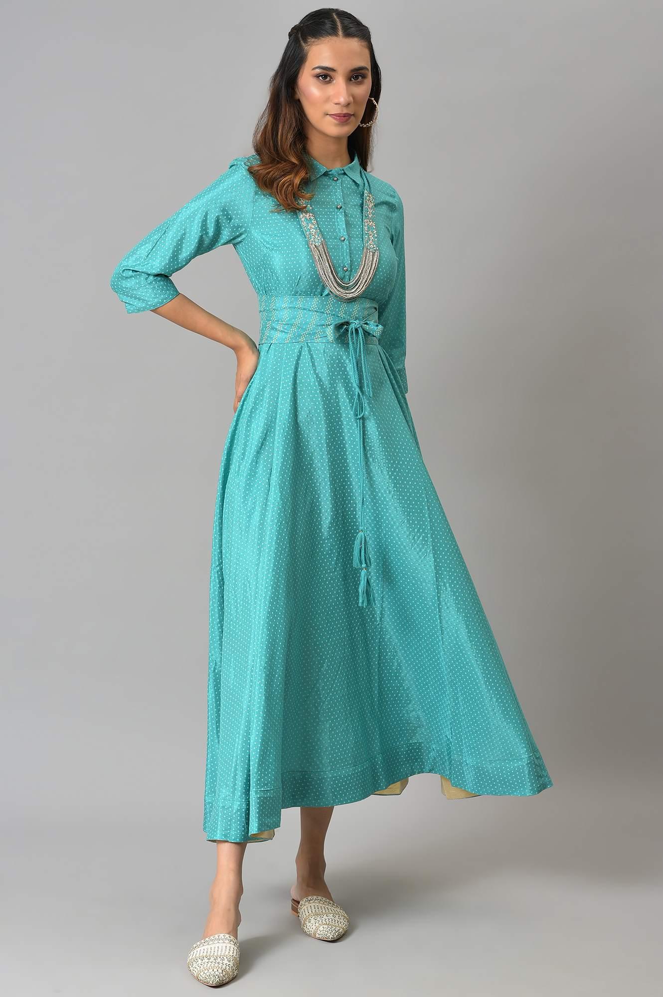 Teal Glitter Printed Shirt Dress With Embroidered Neckpiece - Image 5