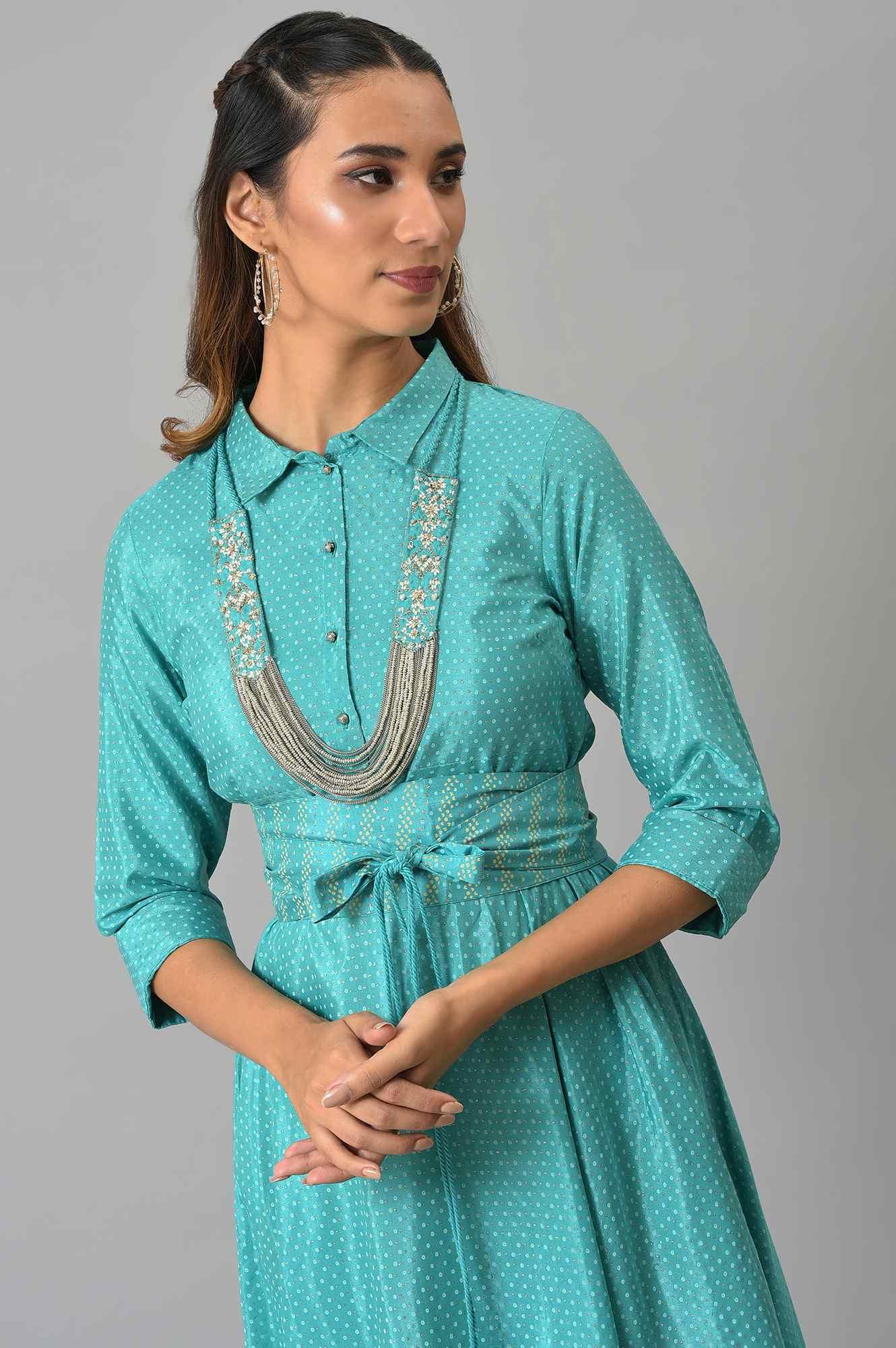 Teal Glitter Printed Shirt Dress With Embroidered Neckpiece - Image 6