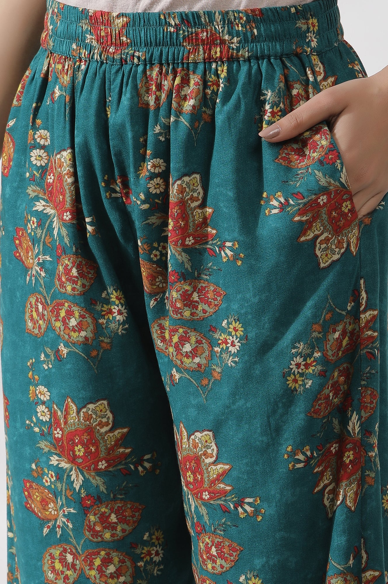 Teal Green A-Line Printed Kurta and Pants - Image 9