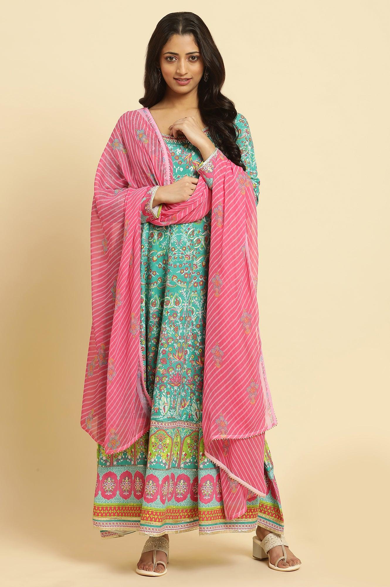 Teal Green Anarkali Printed Kurta, Tights And Dupatta Set - Image 3