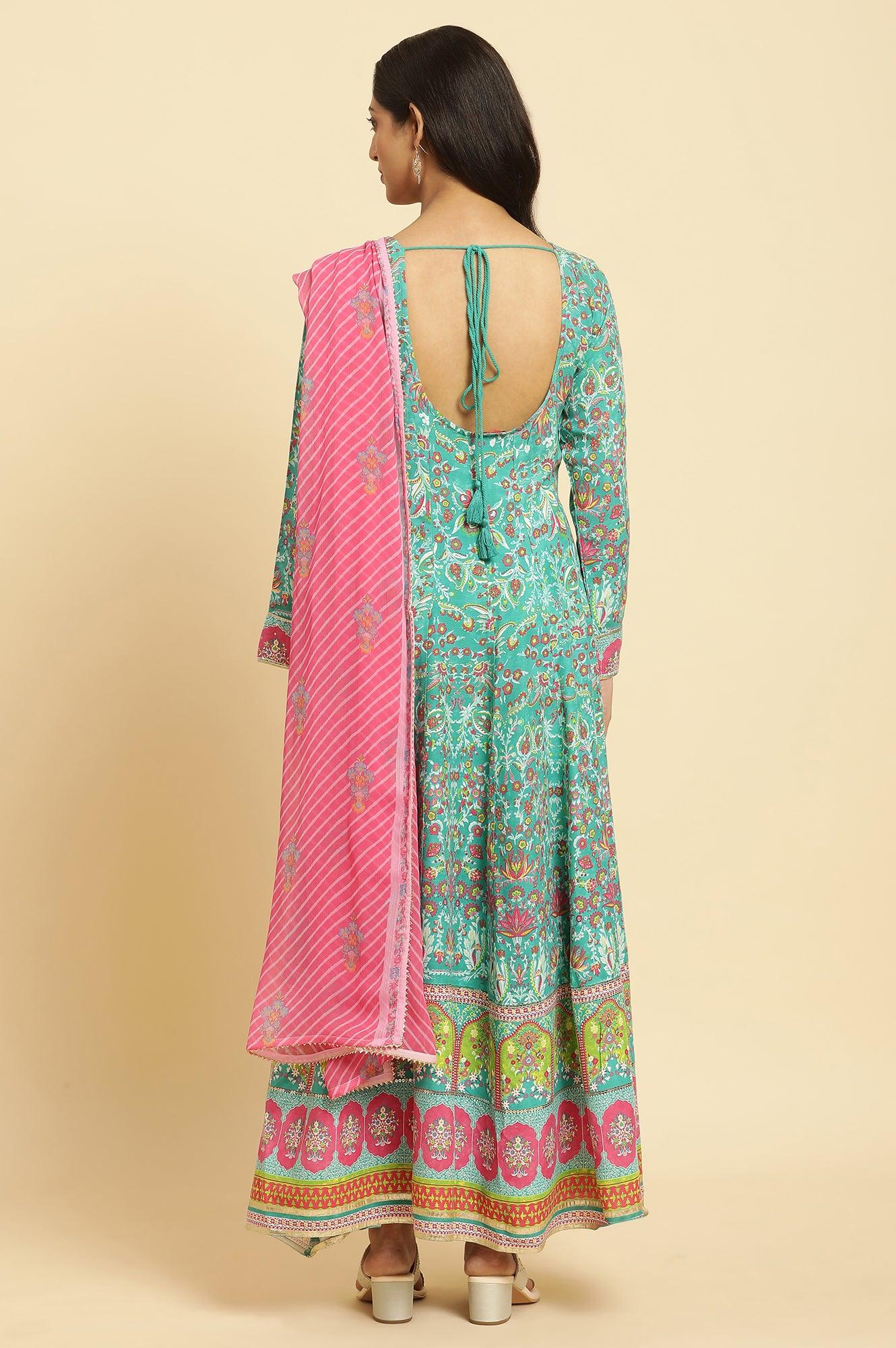 Teal Green Anarkali Printed Kurta, Tights And Dupatta Set - Image 5