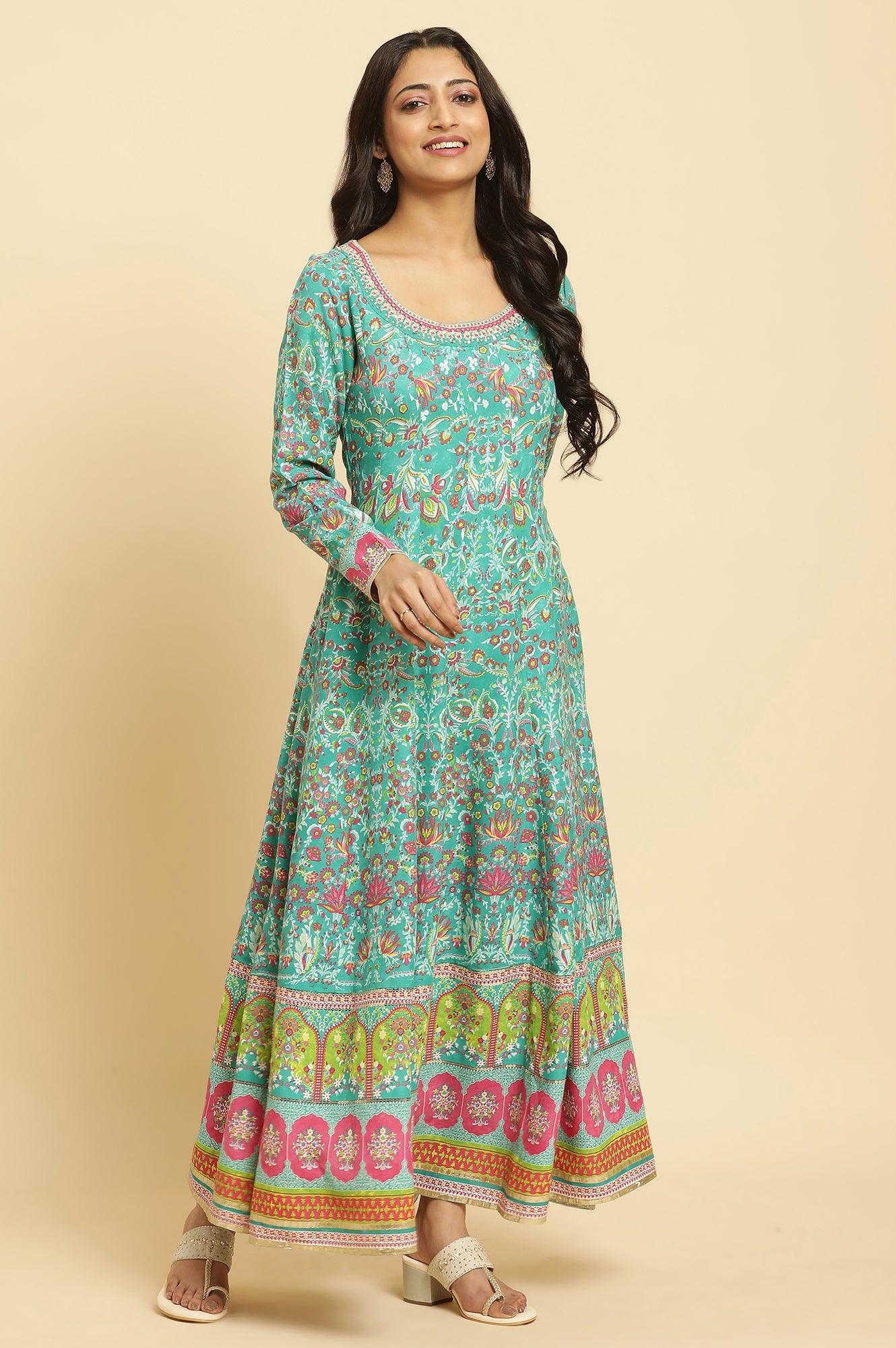 Teal Green Anarkali Printed Kurta, Tights And Dupatta Set - Image 6