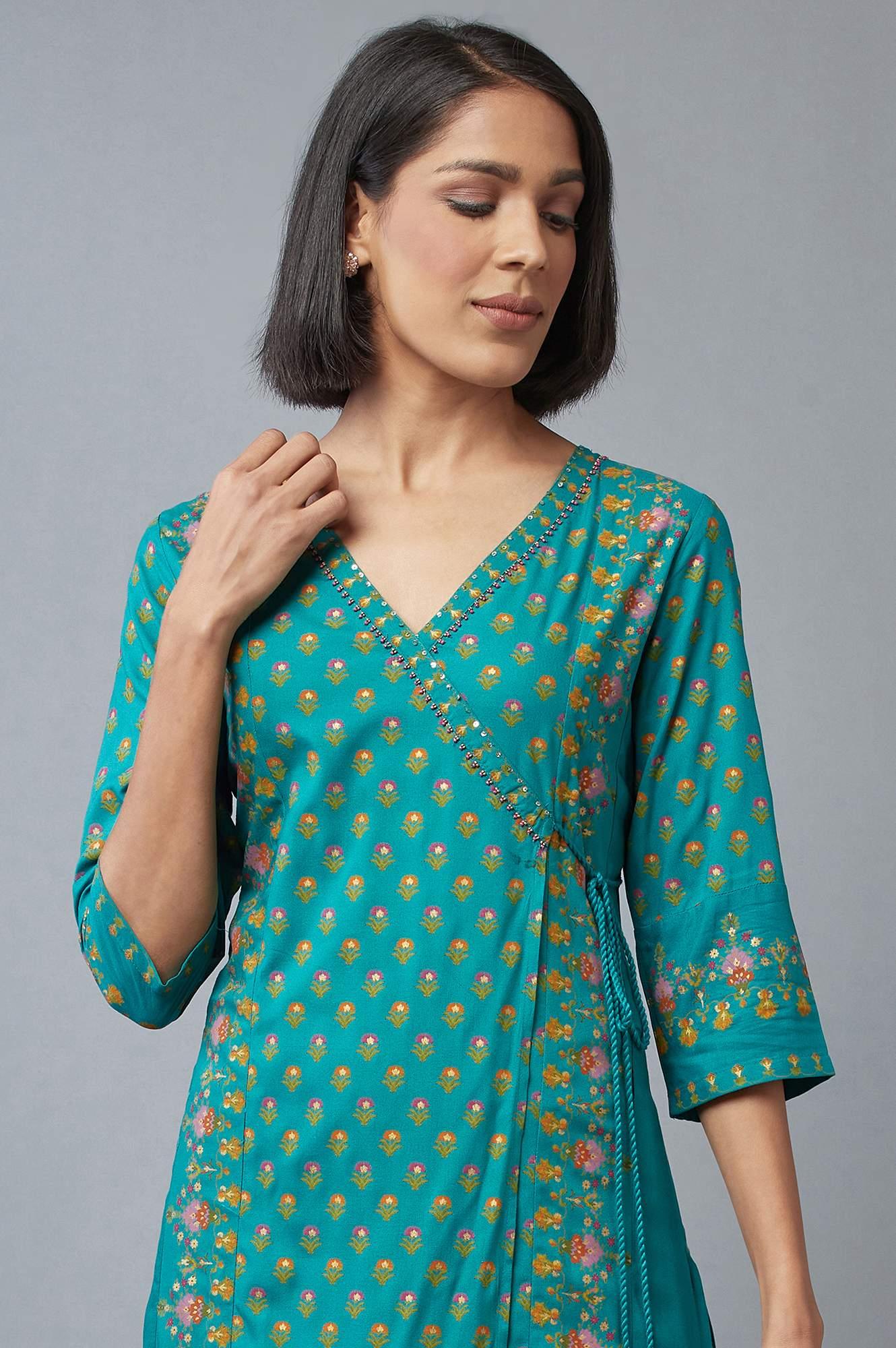 Teal Green Angrakha kurta with Sequin and Bead Work - Image 5