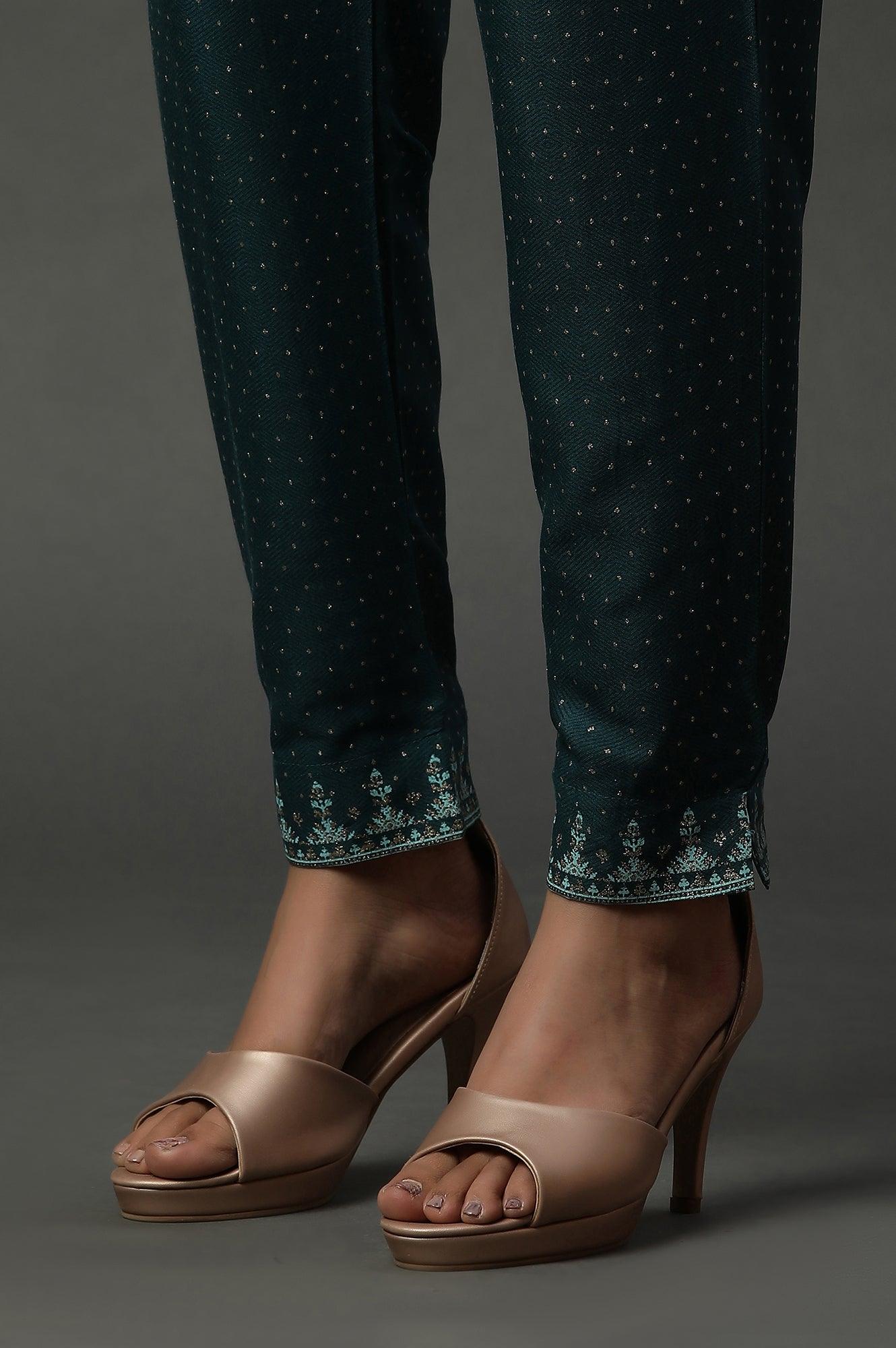 Teal Green Embellished Flared Kurta, Pants And Dupatta Set - Image 11